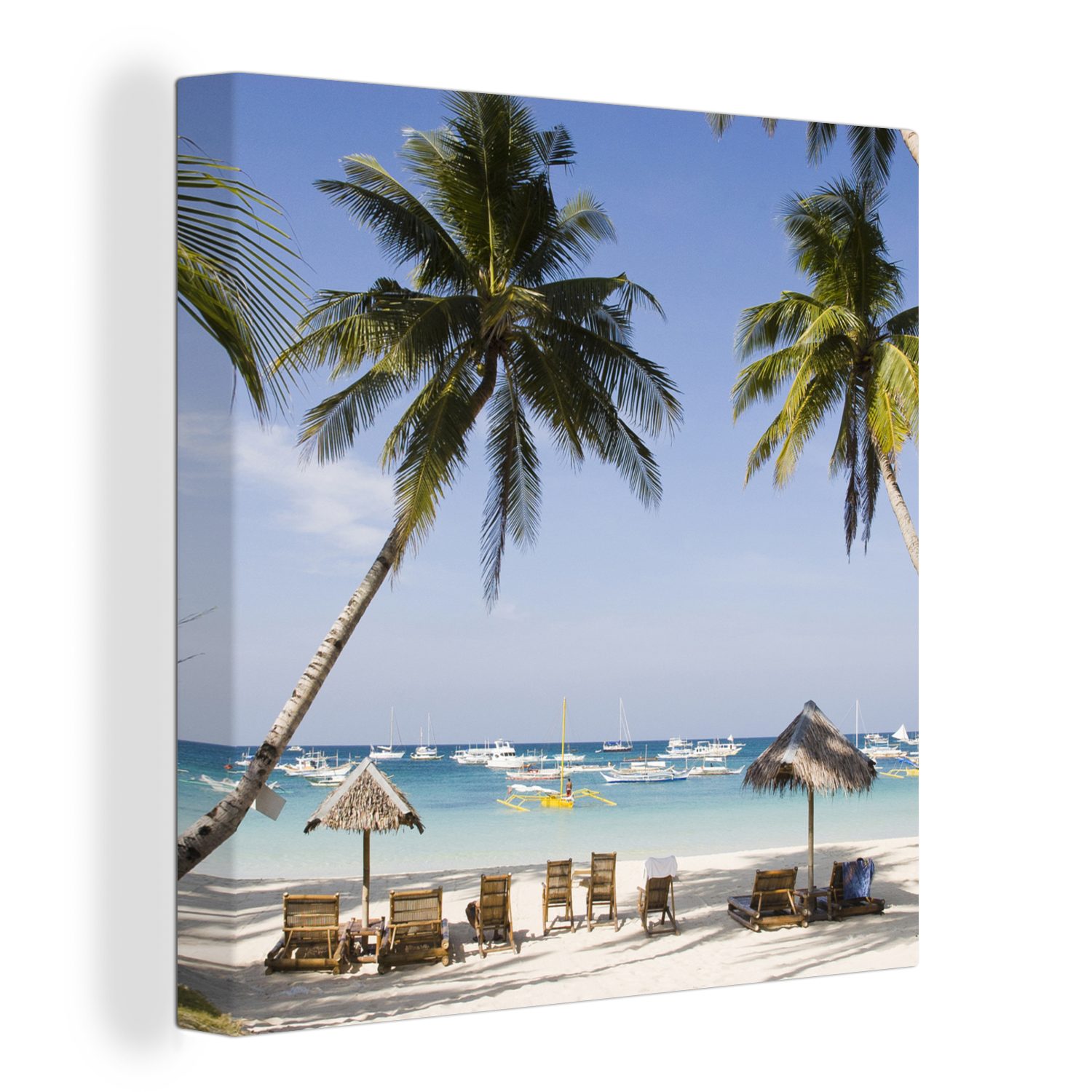 OneMillionCanvasses® Leinwandbild Palmen und Liegestühle am Strand von Boracay, (1 St), Leinwand Bilder für Wohnzimmer Schlafzimmer