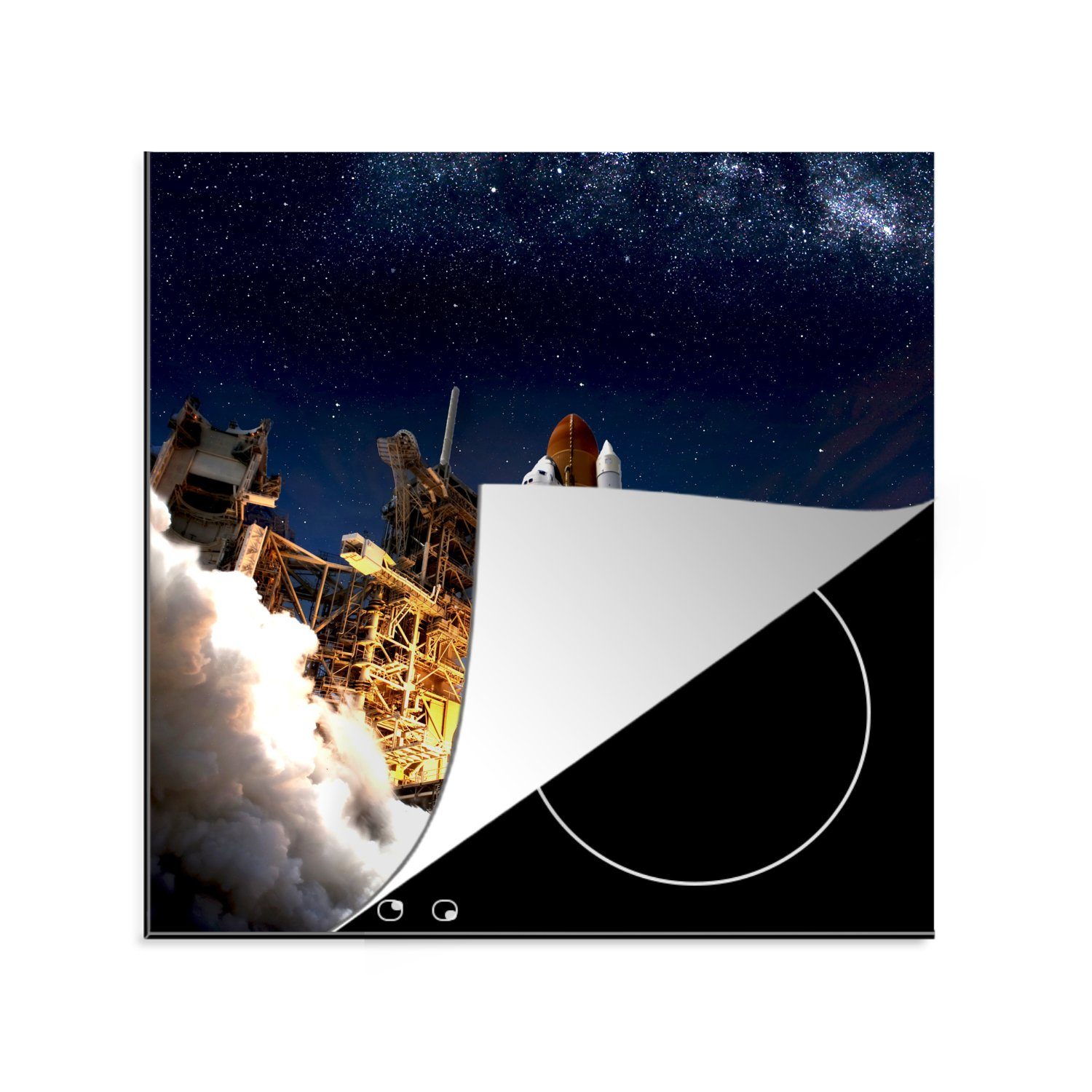 MuchoWow Herdblende-/Abdeckplatte Rakete - Wolken - Weltraum, Vinyl, (1 tlg), 78x78 cm, Ceranfeldabdeckung, Arbeitsplatte für küche