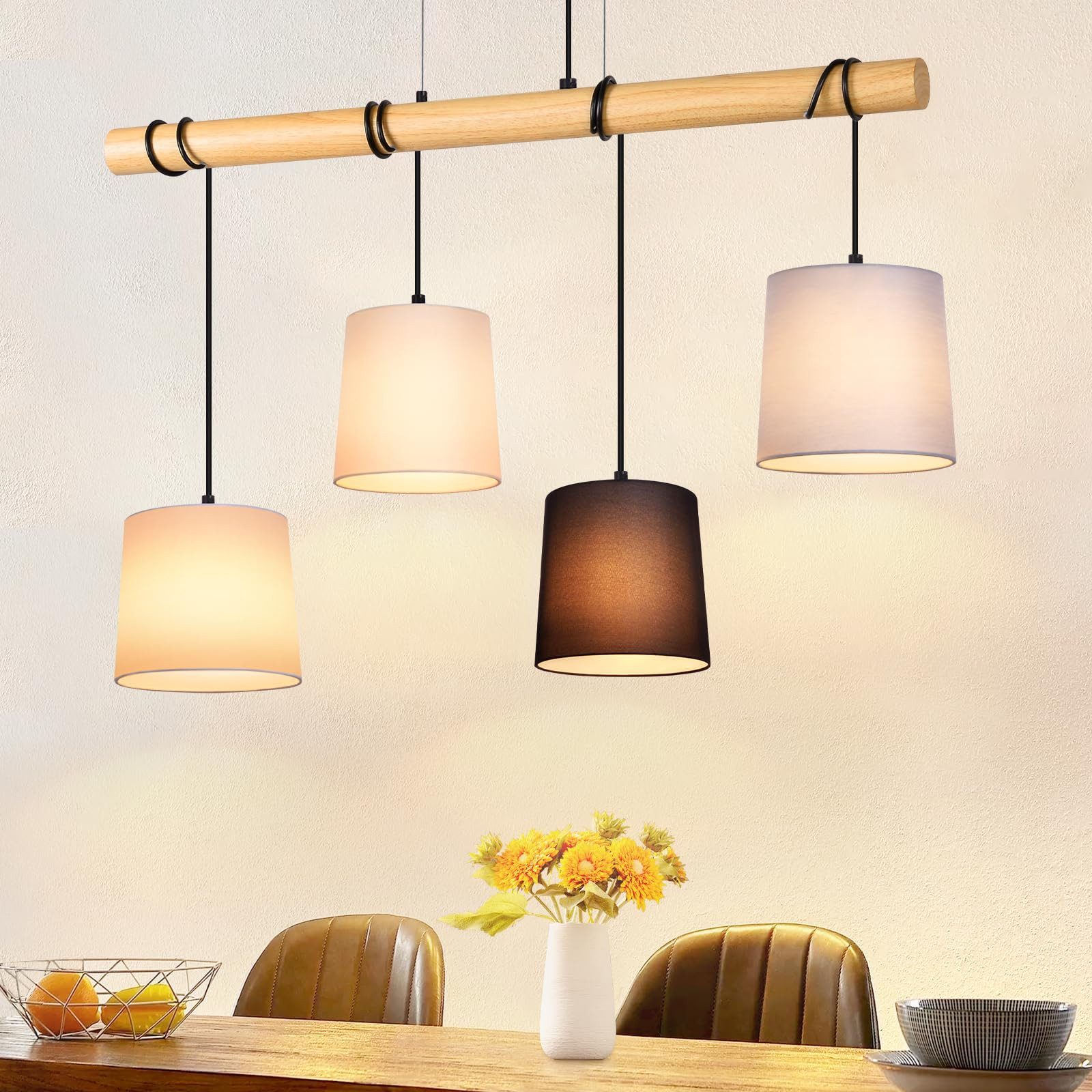 Nettlife Pendelleuchte Holz Esszimmer 4 Flammig Weiß Vintage E27 Hängeleuch günstig online kaufen