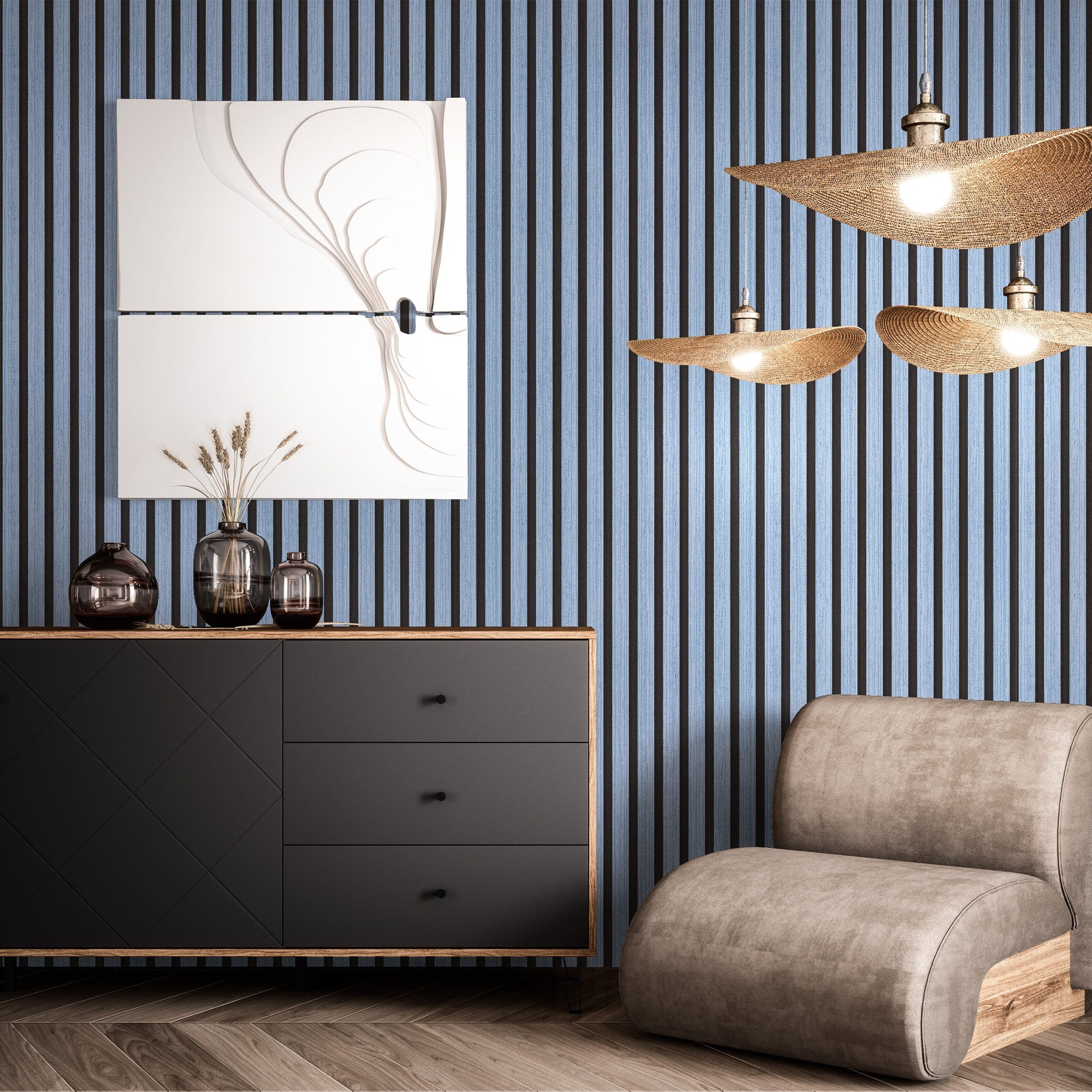 Newroom Vliestapete Berrin Blau Tapete Holzpaneele, Wandpaneele, Lamelle, strukturiert, modern – Bild 5 von 5