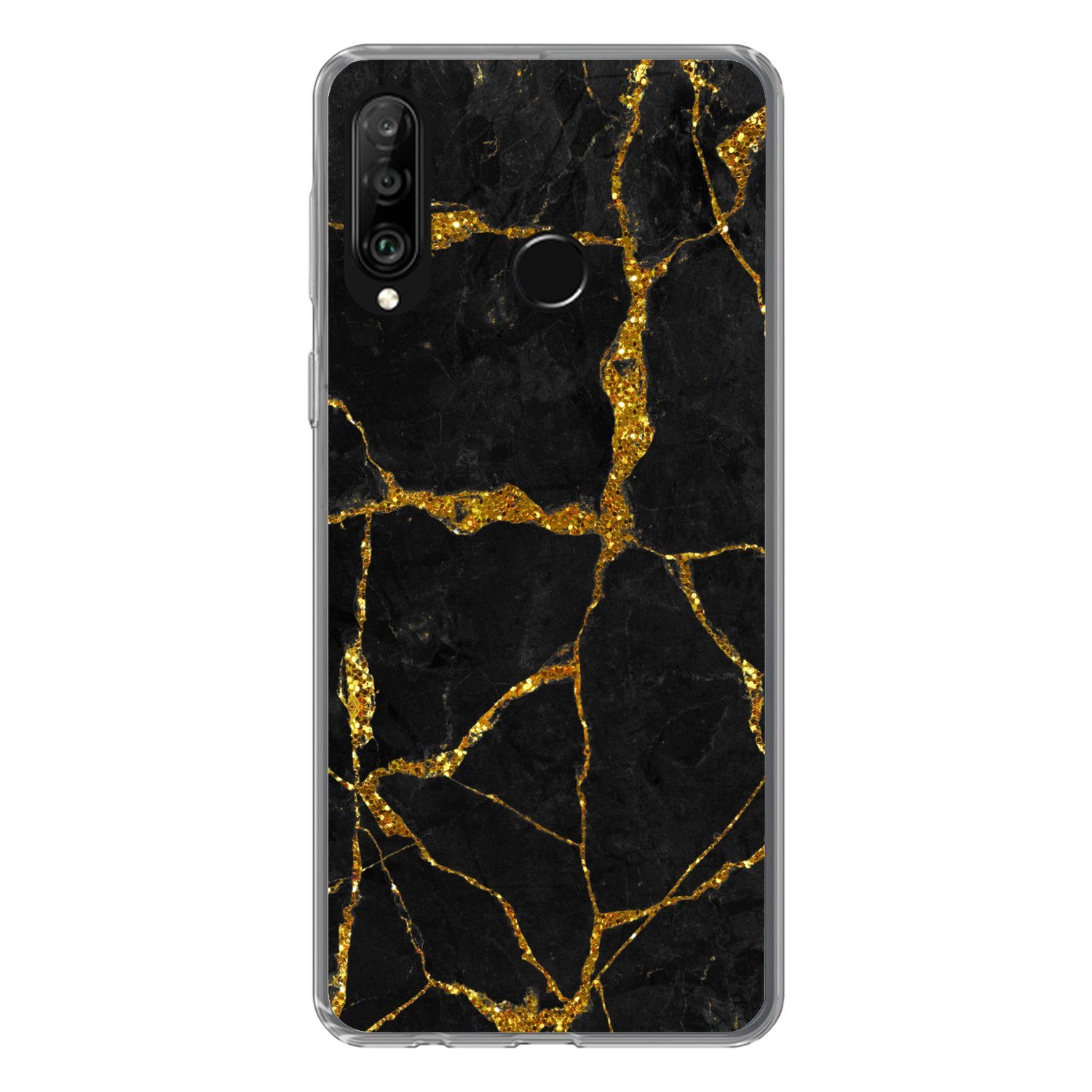 MuchoWow Handyhülle für Huawei P30 Lite Marmor - Gold - Schwarz - Marmoroptik - Glitter, Handy Case, Silikon, Bumper Case Dünn