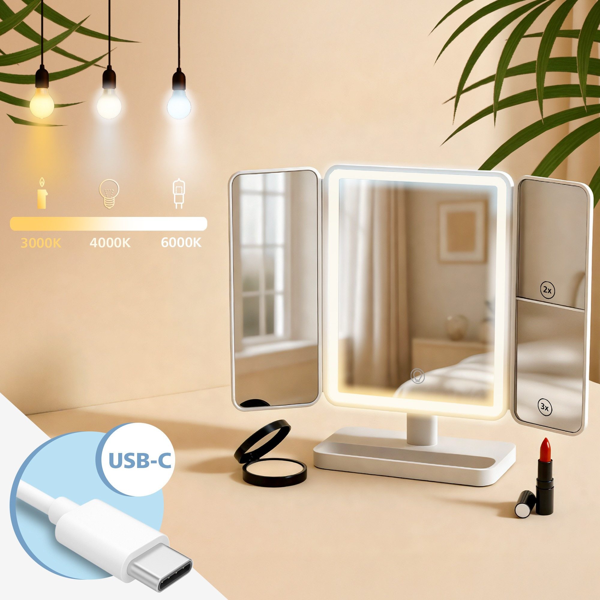 CLP Schminkspiegel Otley (1er), LED, Vergrößerung 1X/2X/3X, USB-C-Kabel