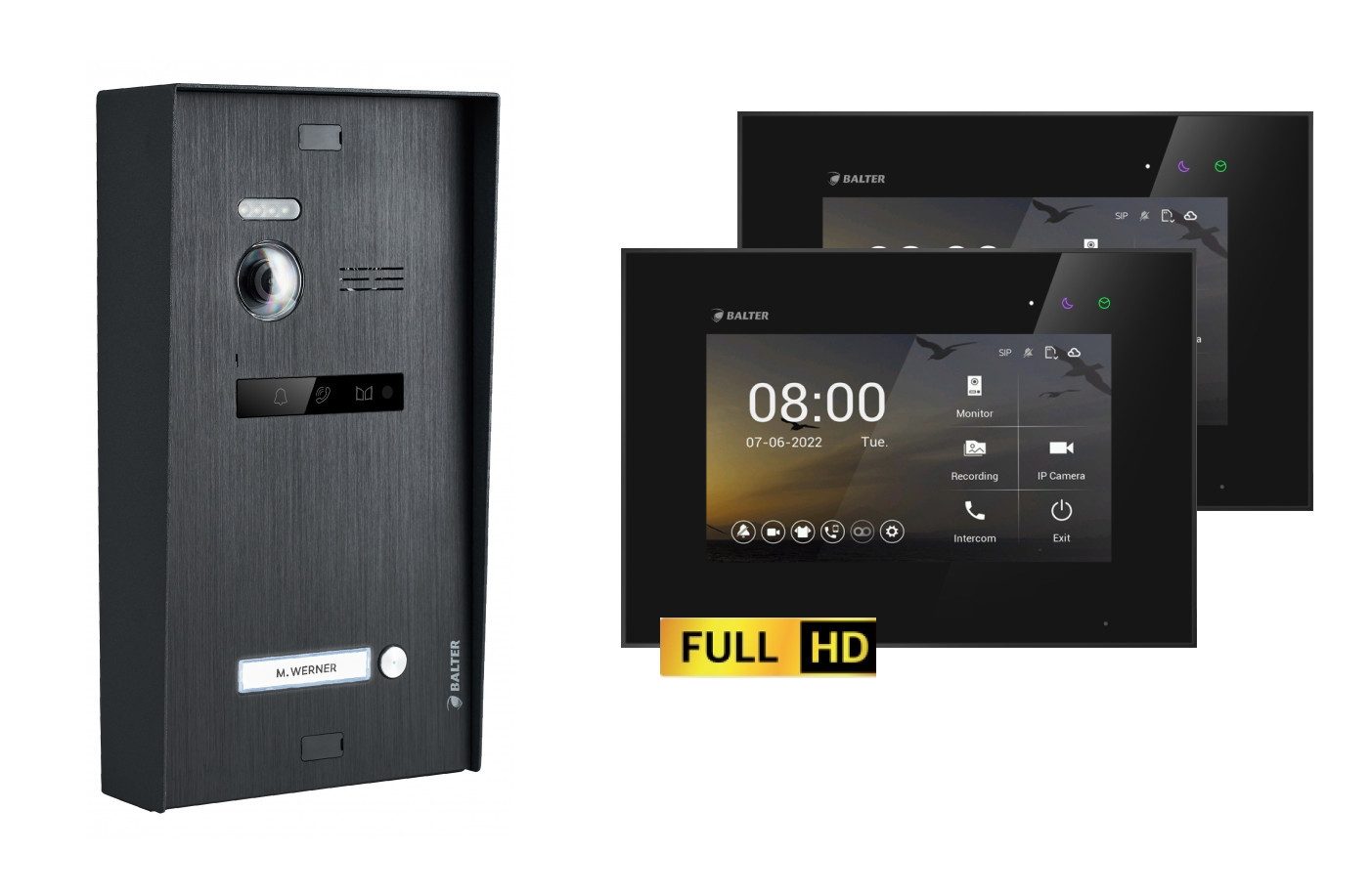 Balter Video-Türsprechanlage BALTER EVO-HD Aufputz Türsprechanlage 2-Draht 1-Familienhaus Schwarz (Set, 1-Familienhaus, Komplettset, Full HD 175° Kamera, Touchscreen-Monitor)