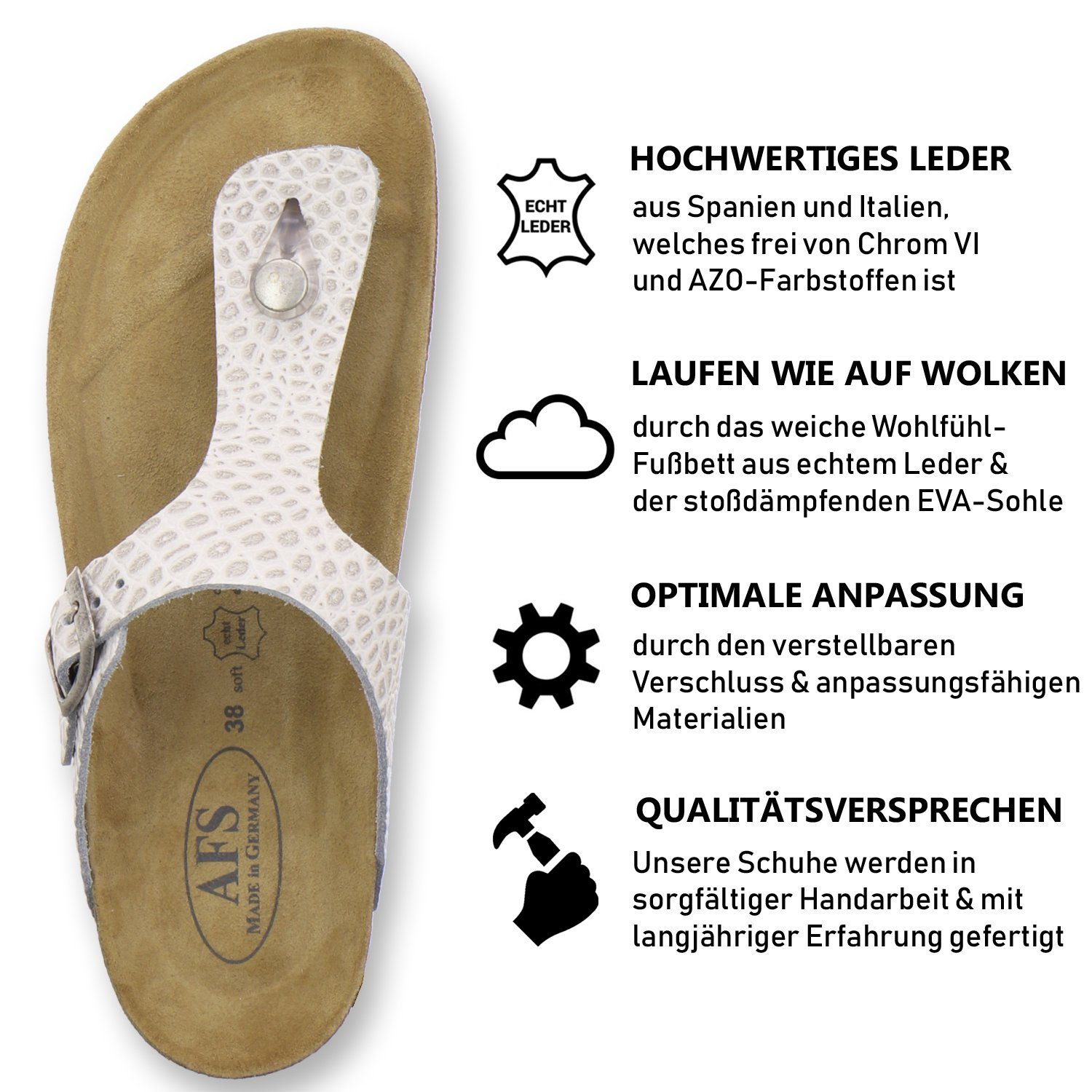 AFS-Schuhe 2107 Zehentrenner Made Germany Damen in mit Leder Fussbett, aus für beige-crocco