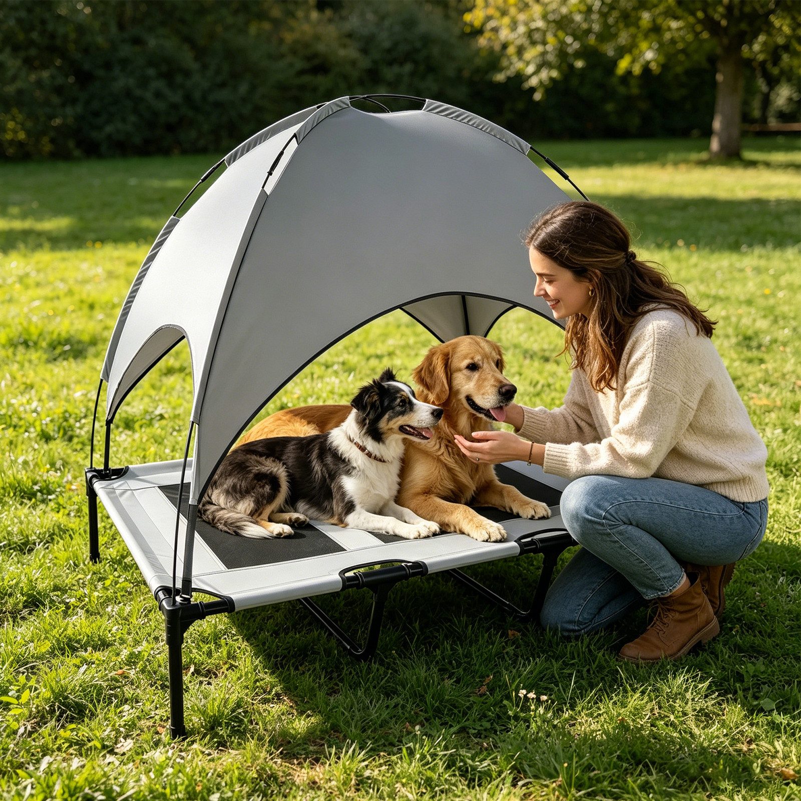 BlingBin Tierbett Hundeliege Outdoor mit Dach, Erhöhtes Hundebett für extra große Hunde, 600D Oxford-Stoff, Kühlendes Haustierliege mit Atmungsaktiv Mesh für Camping