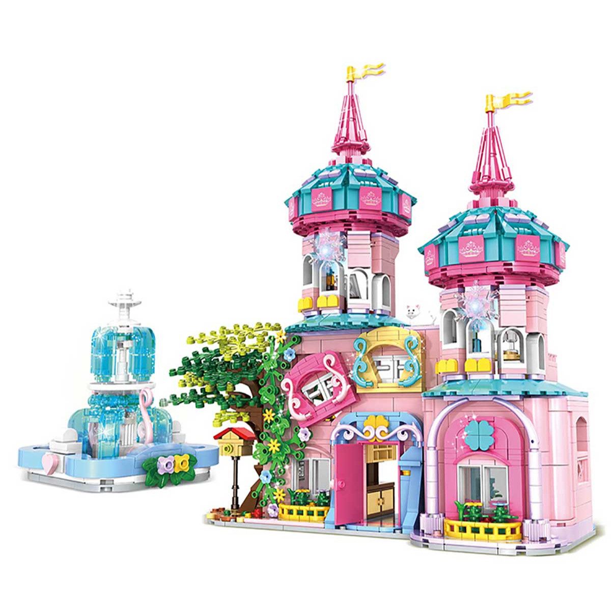 Woma WC0233 Spielbausteine, (Schloss-Spielset, 1546 St., Prinzessinnen-Schloss aus 1546 Teilen mit separater Fontäne), Großes Prinzessinnen-Schloss mit zwei Türmen und separater Fontäne