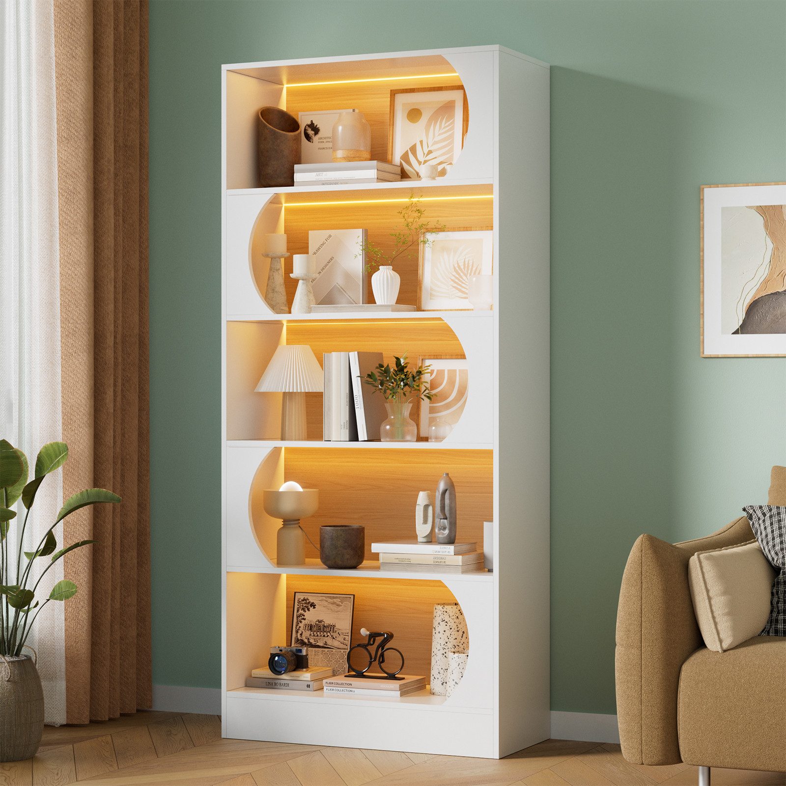 TWSOUL Bücherregal mit LED Beleuchtung, 5 Ebenen freistehend, 180 cm hohes Standregal mit, offenen Ablagen, modernes Aufbewahrungsregal für Wohnzimmer, Weiß