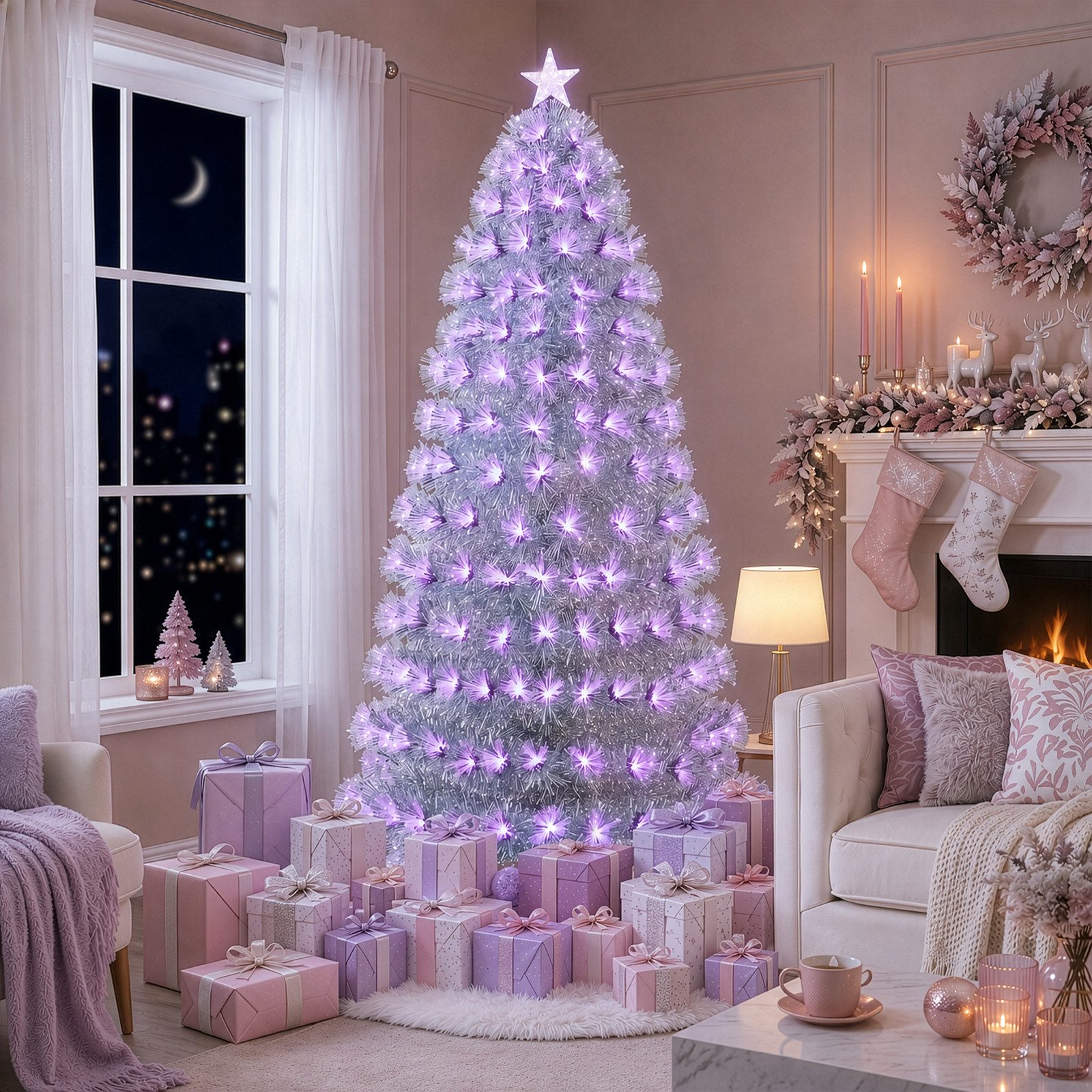 VINGLI Künstlicher Weihnachtsbaum mit Lichtern, Weihnachtsdeko mit Metallständer, für innen & Außen, Lichtfasern, 235 LEDs & 8 Modi, 230 Spitzen, PET, 180 cm, Silber-Lila