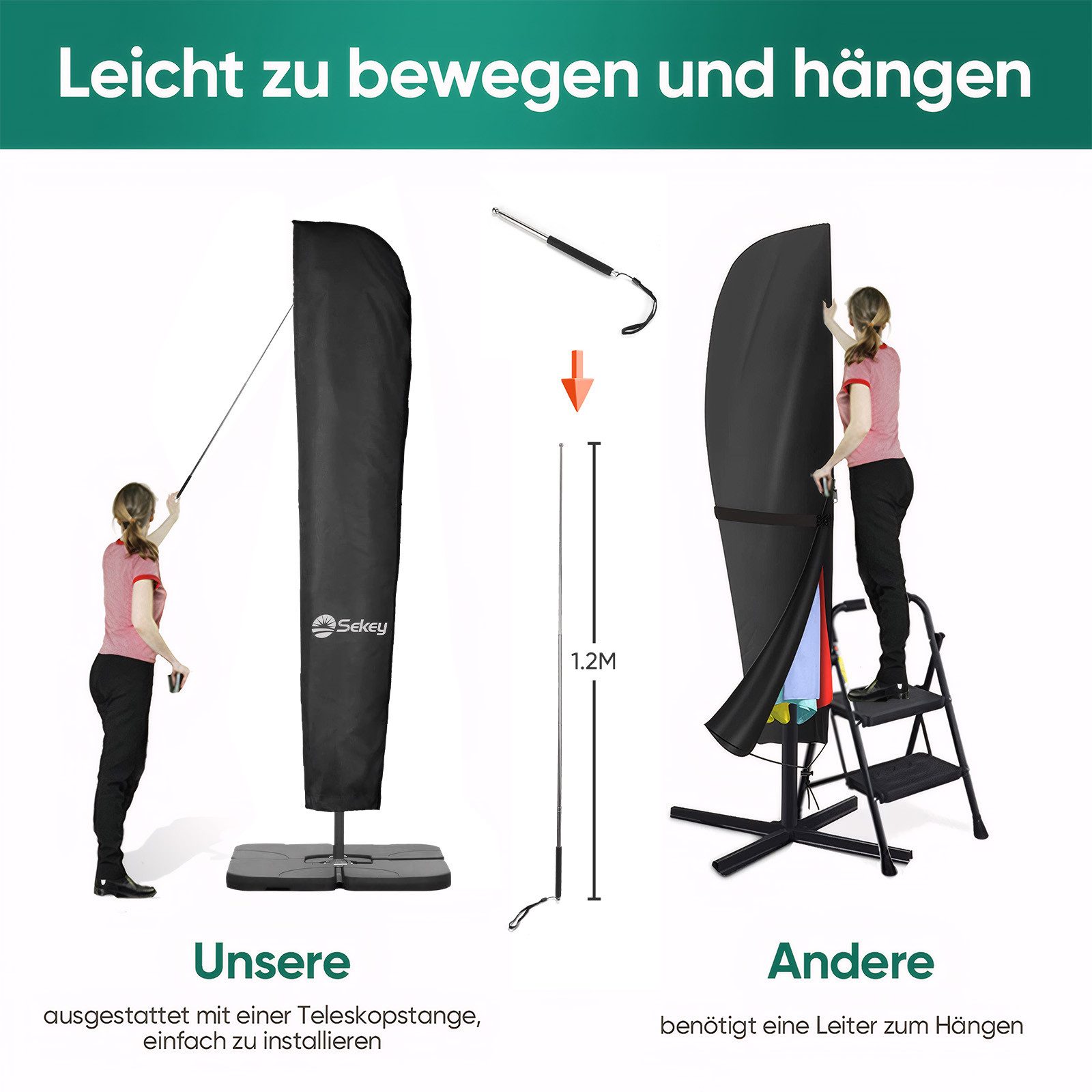 Sekey Sonnenschirm-Schutzhülle Sonnenschirm Schutzhülle Wasserdicht Abdeckung Abdeckhaube Schutzhaube, aus Polyester, für 300 cm Ampelschirm, Größe: XXXL – Bild 5 von 5