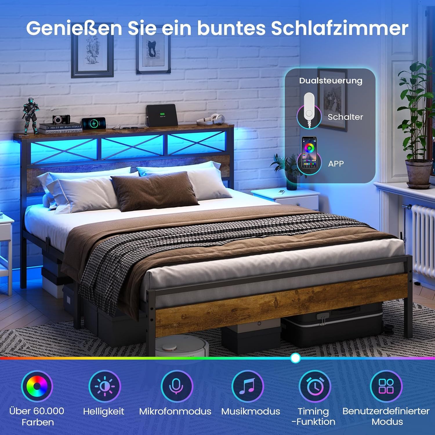 MSMASK Metallbett Bettgestell mit LED Beleuchtung und Steckdose USB-Anschlüsse (Ohne Matratze), Jugendbett, Doppelbett 140 x 190 cm – Bild 4 von 5
