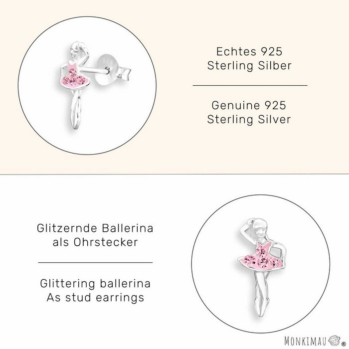 Monkimau Paar Ohrstecker Ballerina Ohrringe aus 925 Silber (Packung 2 x Ohrstecker (1 Paar) mit Kristallen CN11302