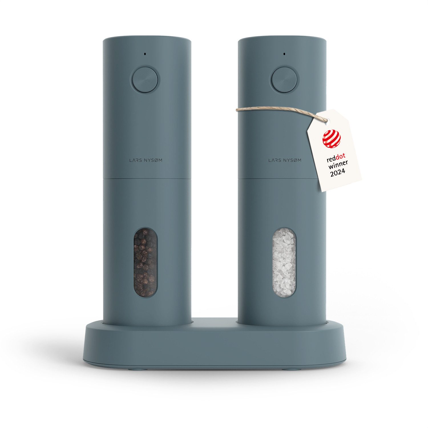 LARS NYSØM Gewürzmühle Spænding praktische Einhandbedienung per Drucktaste, (2 Stück), elektrische Salz- & Pfeffermühle mit eingebautem LED-Licht