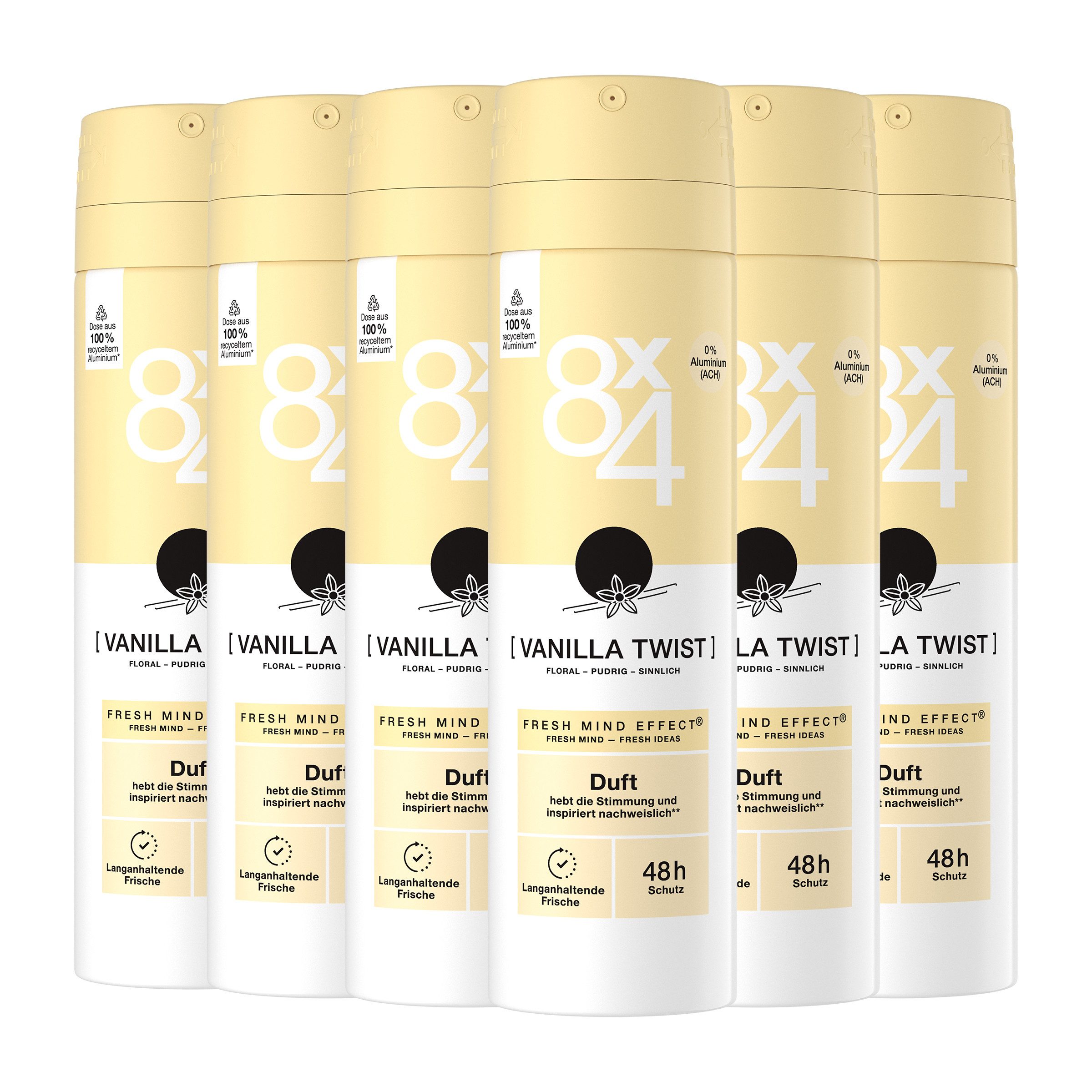8x4 Deo-Spray Deo Spray Vanilla Twist 6 x 150ml Fresh Mind Effect® und 48h Schutz, 6-tlg., 48H Non-Stop Trockenschutz