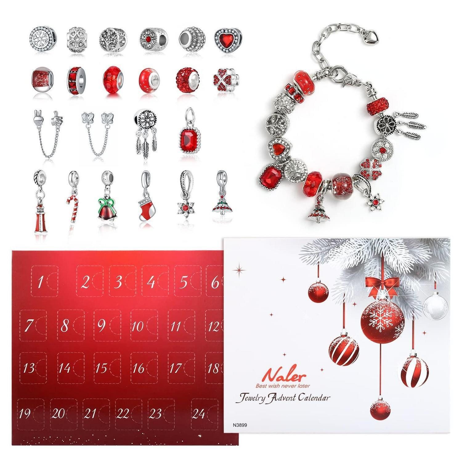 LuxusKollektion Schmuck-Adventskalender Charms Adventskalender Rot Schmuck mit Ketten Armband