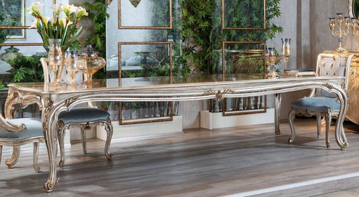 Casa Padrino Esstisch Luxus Barock Esstisch Silber / Gold - Prunkvoller Massivholz Esszimmertisch im Barockstil - Barock Esszimmer Möbel