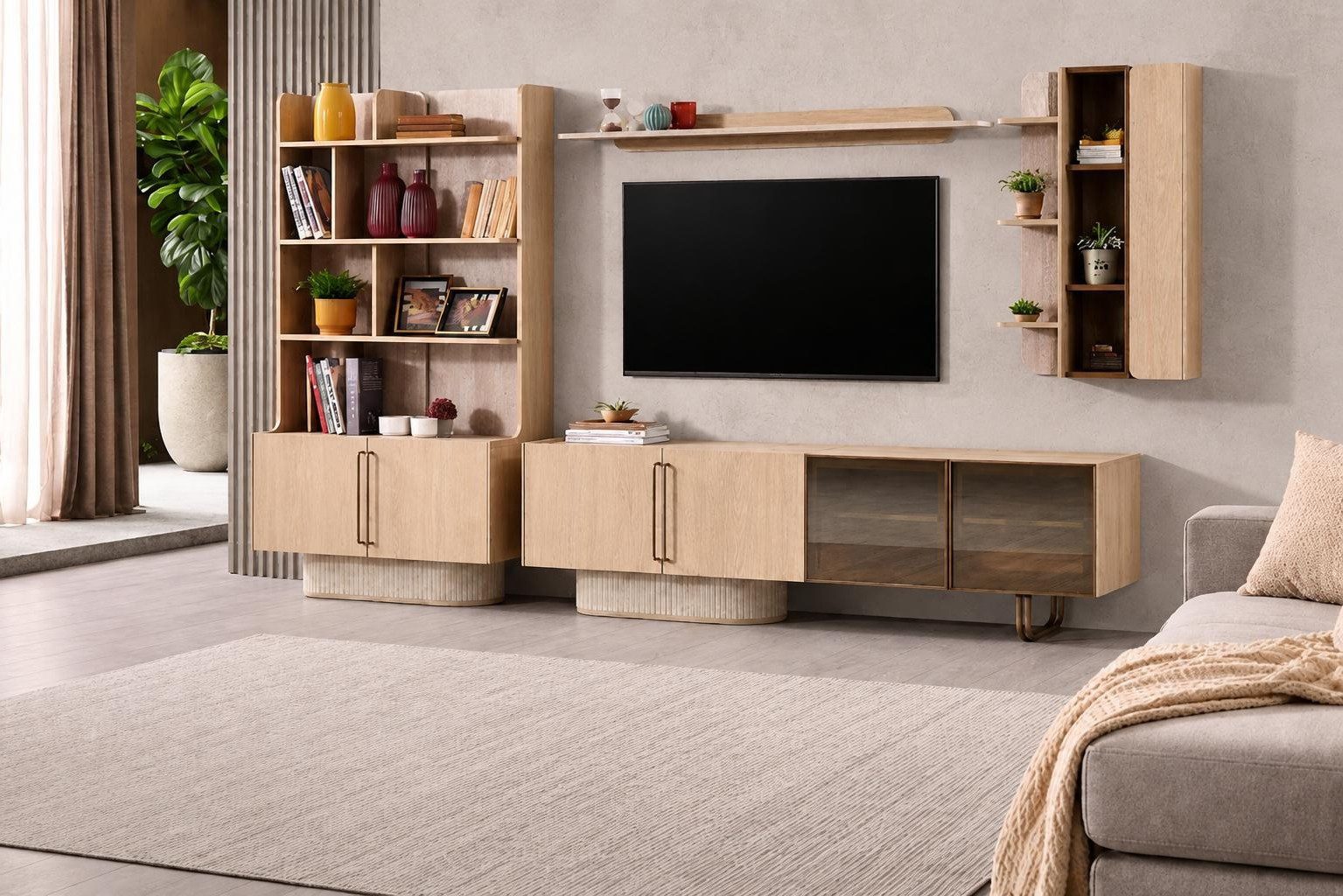Xlmoebel Wohnwand Beige TV-Lowboard mit Eiche, Bücherregal und Wandregalen Set, (4-St), Made in Europa