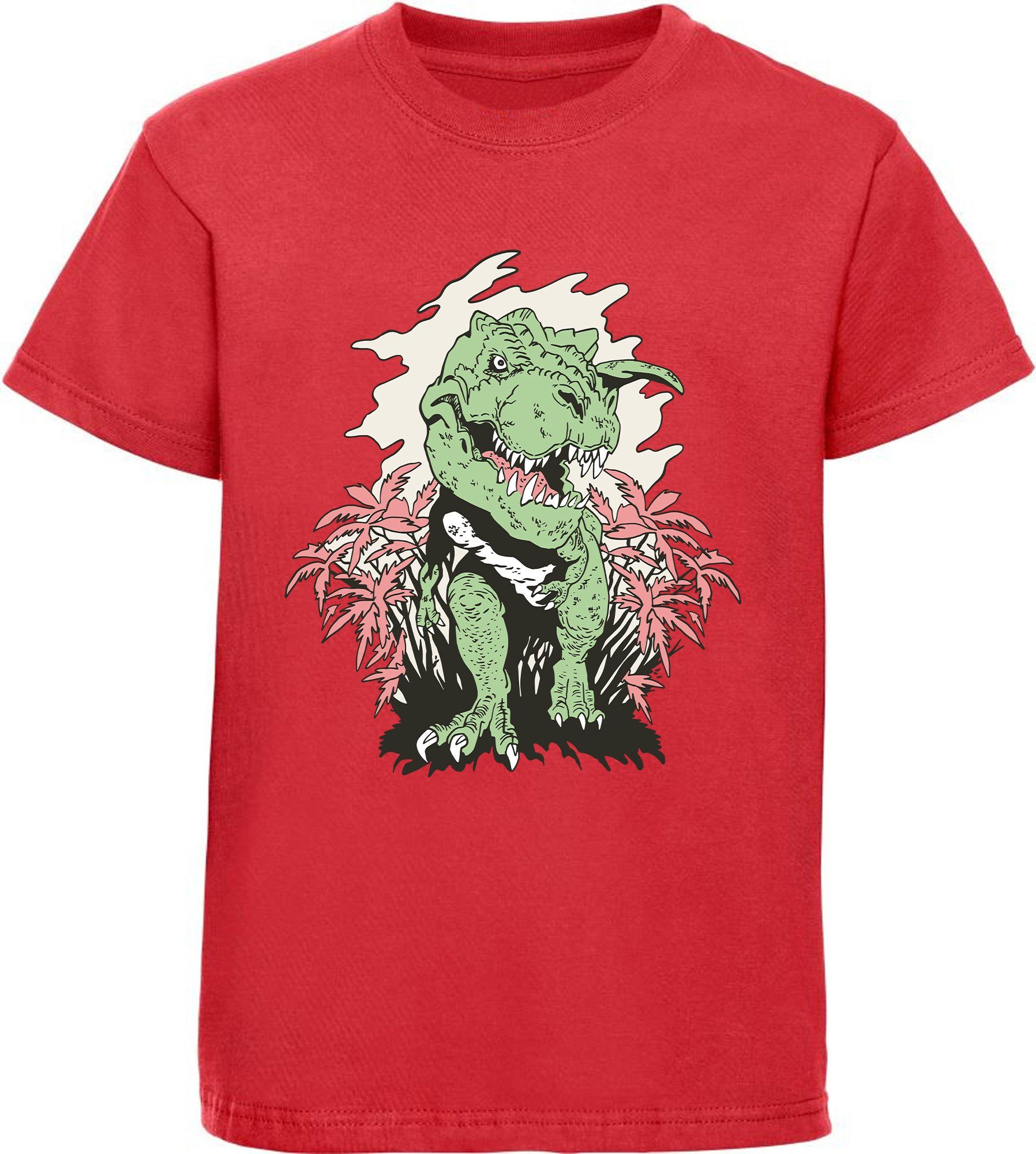MyDesign24 Print-Shirt bedrucktes Kinder T-Shirt T-Rex der aus einem Busch kommt 100% Baumwolle mit Dino Aufdruck, schwarz, weiß, rot, blau, i101