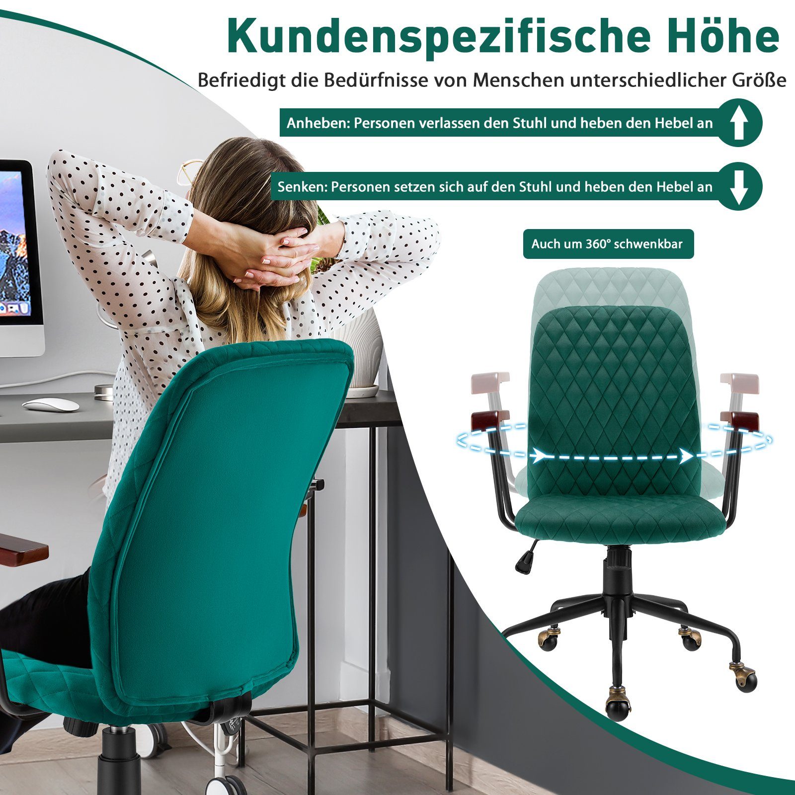 COSTWAY Drehstuhl, Bürostuhl bis bis grün 150 97,5cm 89,5 höheverstellbar kg