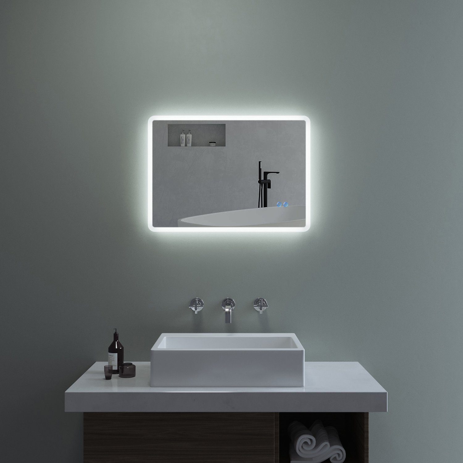 AQUABATOS Badspiegel Touch Schalter, 6400K, Beleuchtung LED mit Badspiegel Dimmbar, beleuchtet), (Badezimmerspiegel Spiegelheizung Kaltweiß Lichtspiegel Wandspiegel