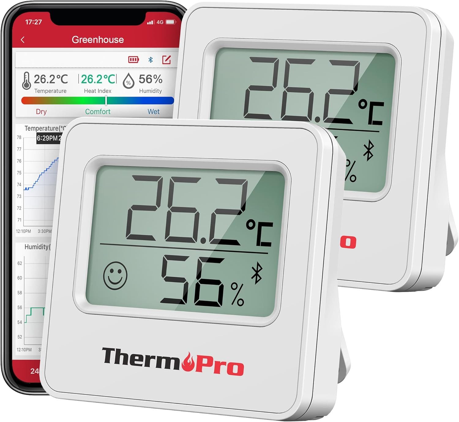 ThermoPro Hygrometer TP357 Bluetooth Thermo-Hygrometer, (2-St), Bluetooth-Thermo-Hygrometer mit App, 80 m Reichweite, Alarm