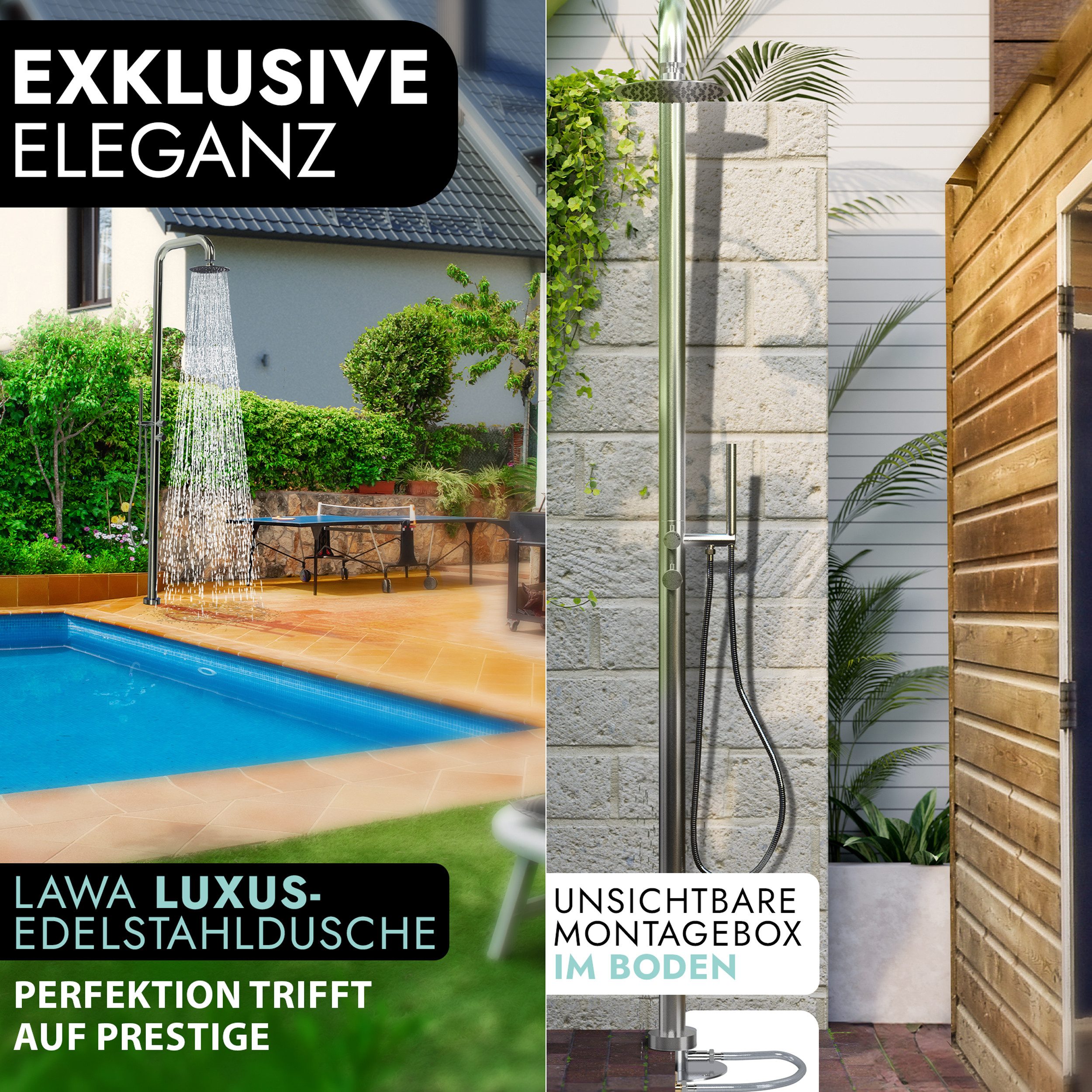 LAWA Living and Lifestyle Gartendusche V4A Edelstahl Warmwasserdusche / Kaltwasserdusche mit Mischbatterie (restentleert - winterfest, Aussendusche mit Handbrause), gebürstet rostfrei Regendusche verstellbar Saunadusche Pooldusche