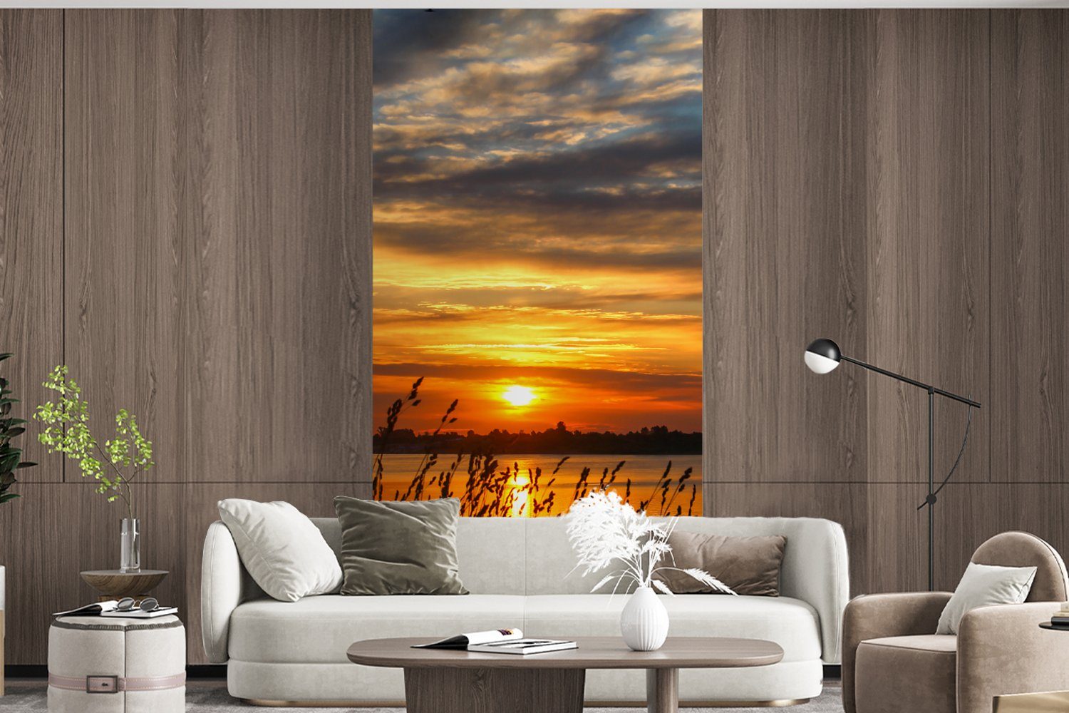 Schlafzimmer Wohnzimmer - St), Fototapete Himmel Vliestapete Fototapete MuchoWow Küche, Pflanzen, Meer für (2 Horizont - - Matt, - Sonnenuntergang bedruckt,