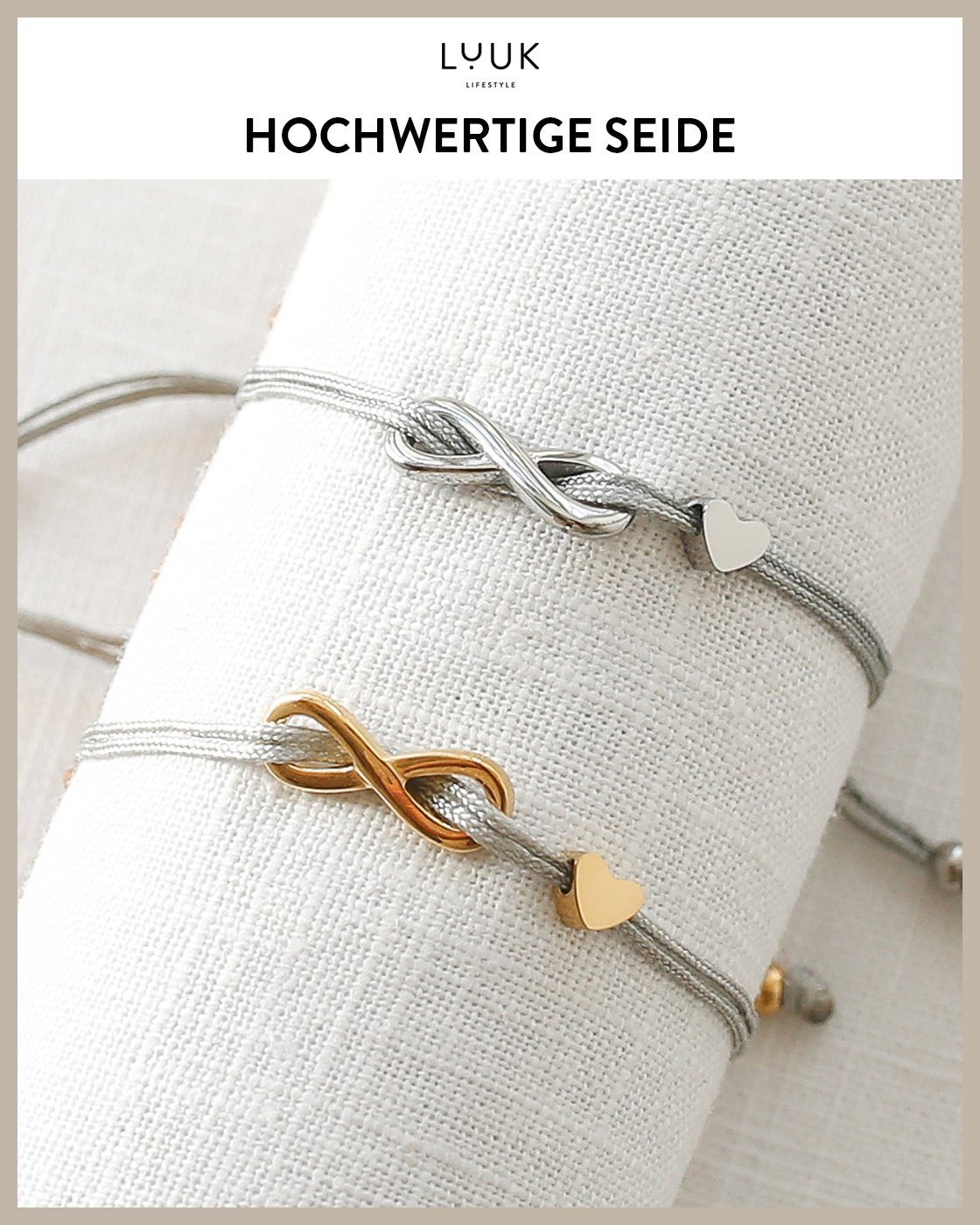 LUUK LIFESTYLE Freundschaftsarmband Infinity, handmade, mit Gold Spruchkarte Happiness