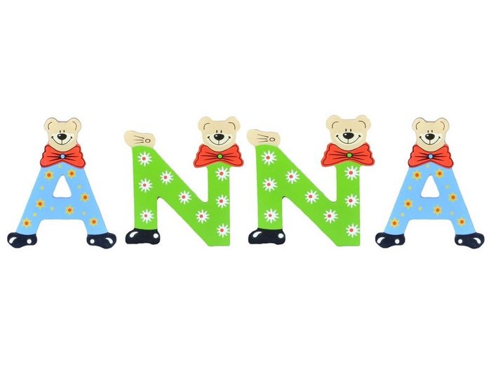 Playshoes Deko-Buchstaben (Set 4 St) Kinder Holz-Buchstaben Namen-Set ANNA - sortiert Farben können variieren bunt