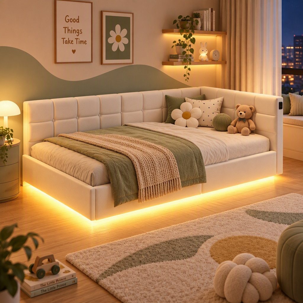 Furnishings Home Polsterbett Daybett Jugendbett Einzelbett (Hydraulisch hebbarer Stauraum, Geeignet für Jungen und Mädchen), Mit LED-Beleuchtung, Ladefunktion, Samt, 90x200 cm