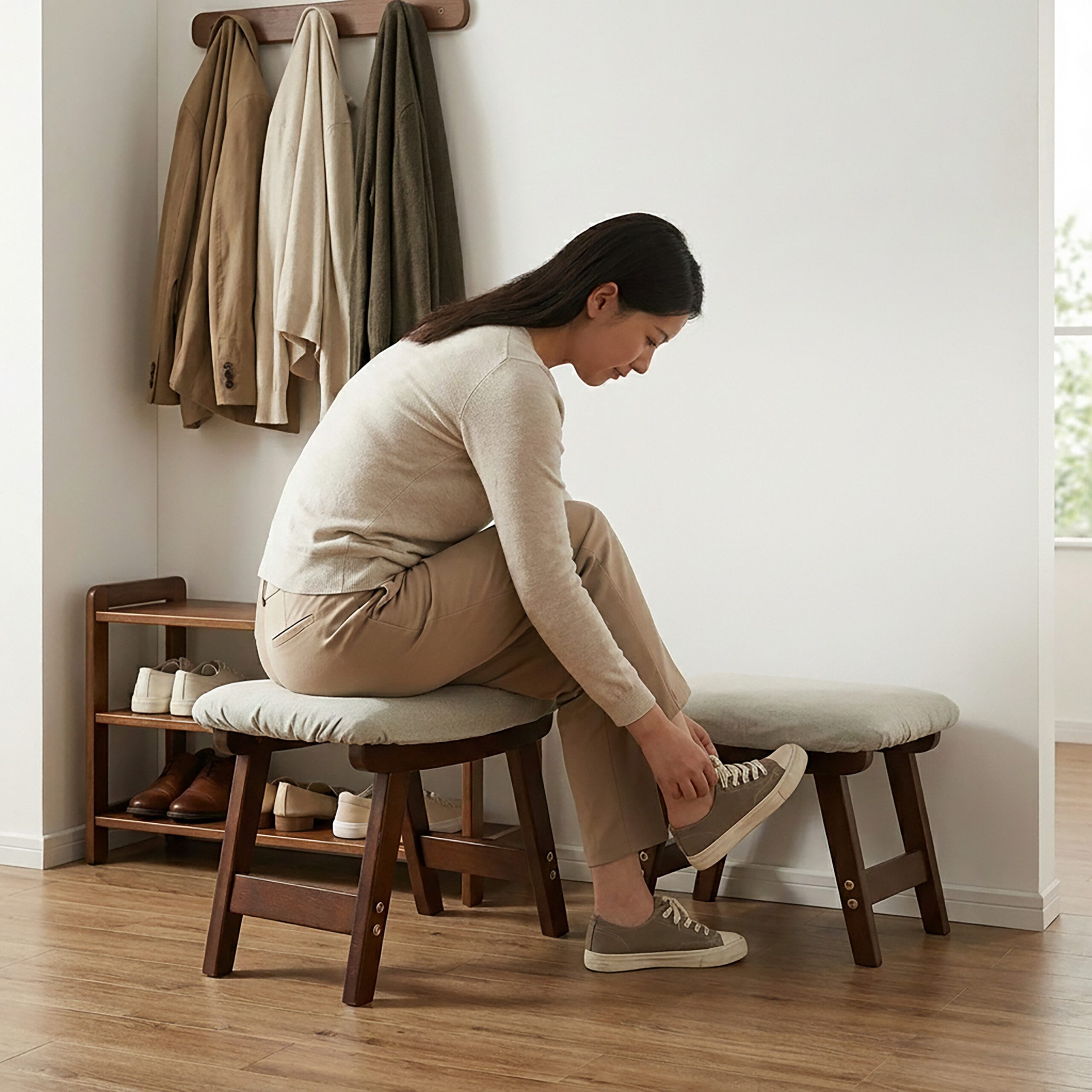relaxdays Fußhocker Holz & Stoff (1 St), Beige – Bild 5 von 5