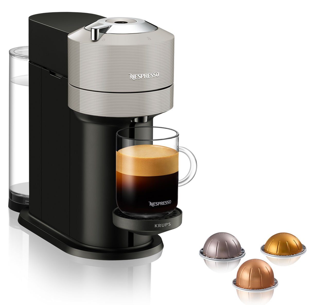 Nespresso Kapselmaschine Vertuo Next Basic XN910B von Krups, 54 % aus recyceltem Kunststoff, inkl. Willkommenspaket mit 12 Kapseln