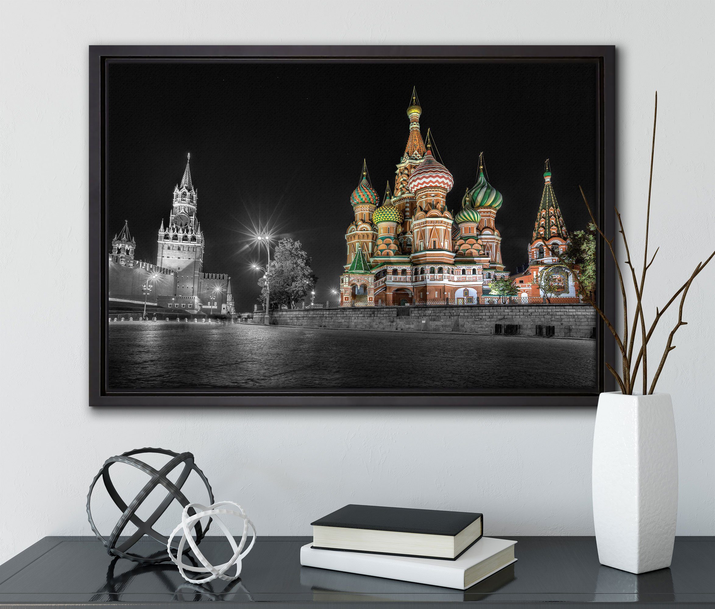 Pixxprint Leinwandbild gefasst, (1 inkl. in Basilius St), Schattenfugen-Bilderrahmen Wanddekoration Kathedrale fertig Leinwandbild bespannt, in Zackenaufhänger einem Moskau