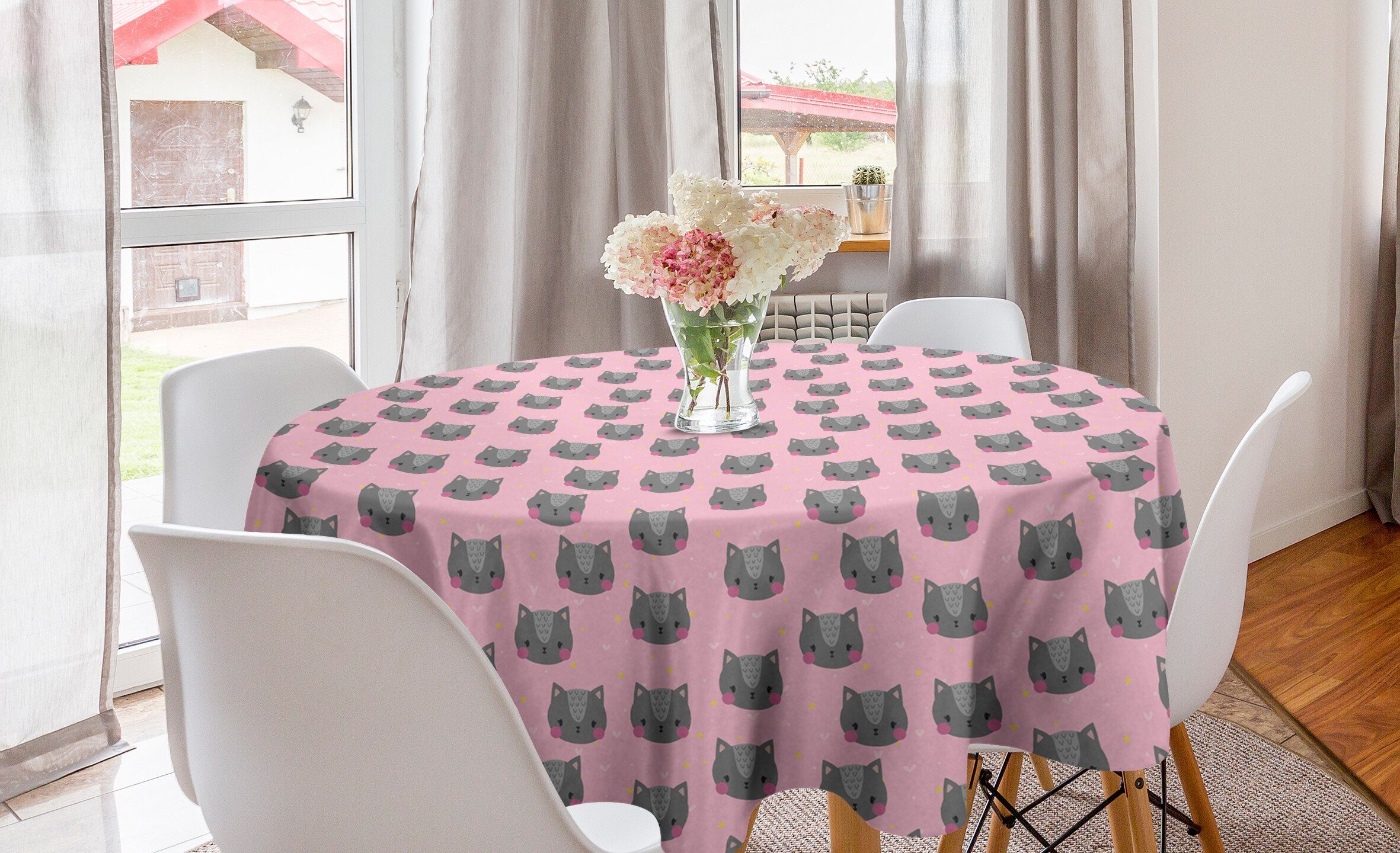 Tischdecke Küche Dekoration, Kreis für Esszimmer Abdeckung Pet Graustufen- Abakuhaus Katze Portrait Tischdecke