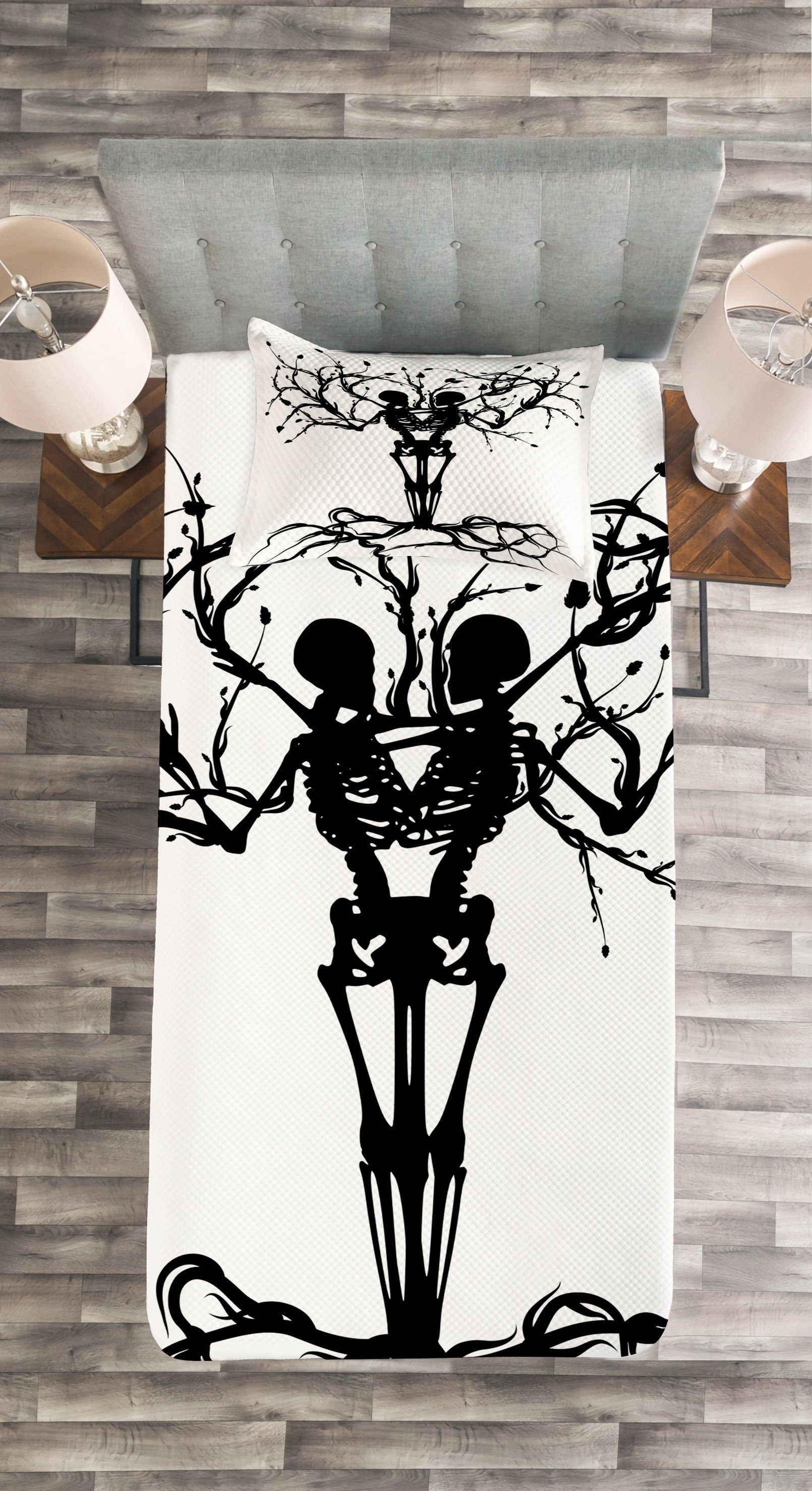 Set Skelett mit Kissenbezügen Knochen Tagesdecke Gothic Abakuhaus, Baum Waschbar,