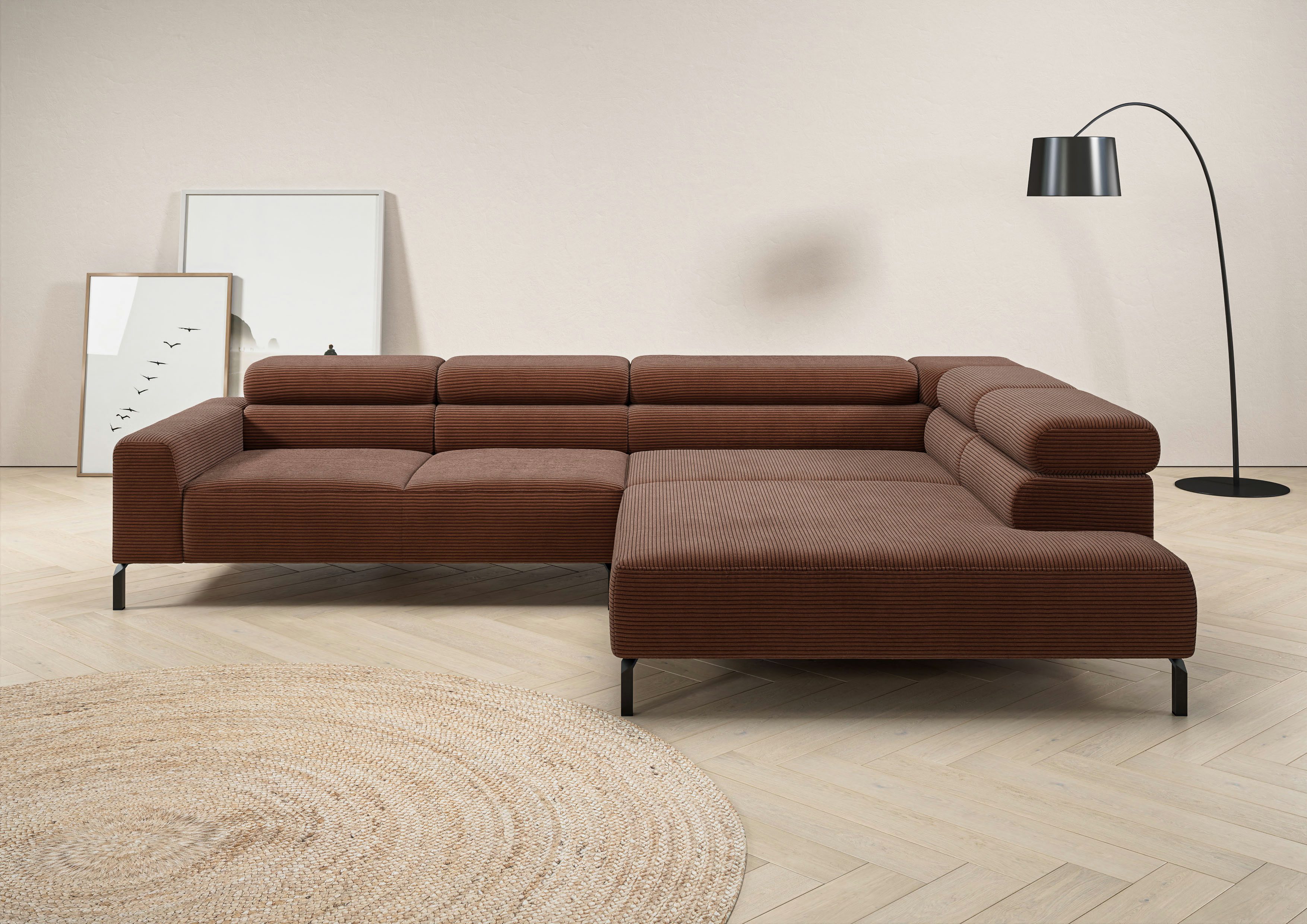 Places of Style Ecksofa Antonelli, L-Form, inkl. Kopfteilverstellung, Breite 312 cm, ohne Sitztiefenverstellung, in Cord, rost