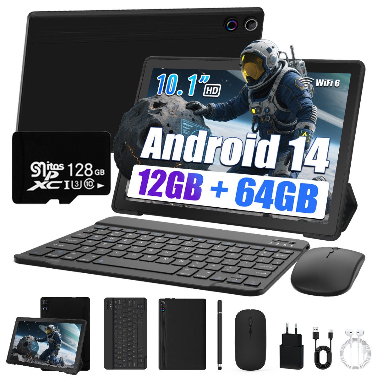 BUFO 10'' Android 14 8-Kern-Prozessor 64GB mit Tastatur Stift Maus Hülle Tablet (10", 64 GB, Android 14, WiFI 6, 5000mAh, mit Tastatur/Stift/Maus/Hülle/Kopfhörer/microSD Karte 128GB)