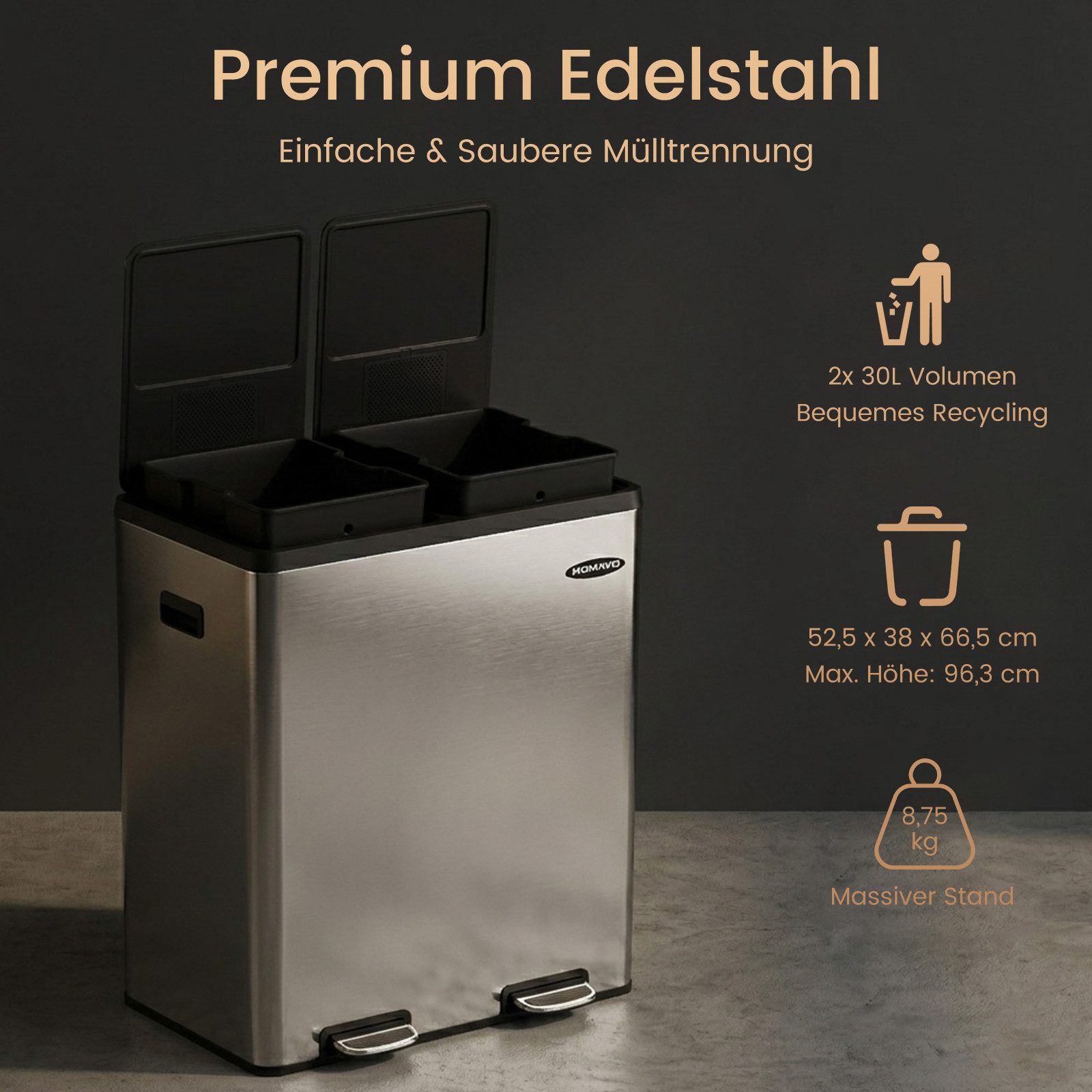 HOMAVO Mülleimer Doppel-Mülleimer mit Geruchsschutz, inkl. 1 Aktivkohlefilter, Doppelte Inneneimer,Aktivkohle-Geruchsschutz