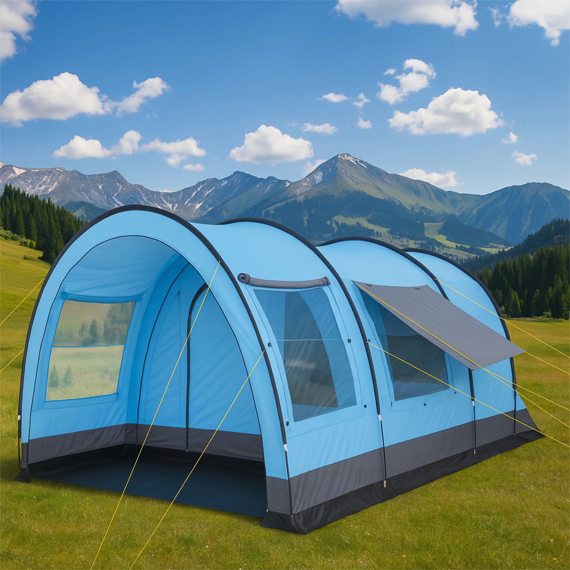 CampFeuer Tunnelzelt Zelt Relax6 für 6 Personen, 5000 mm Wassersäule, Hellblau/Grau, XXL Tu, Personen: 6