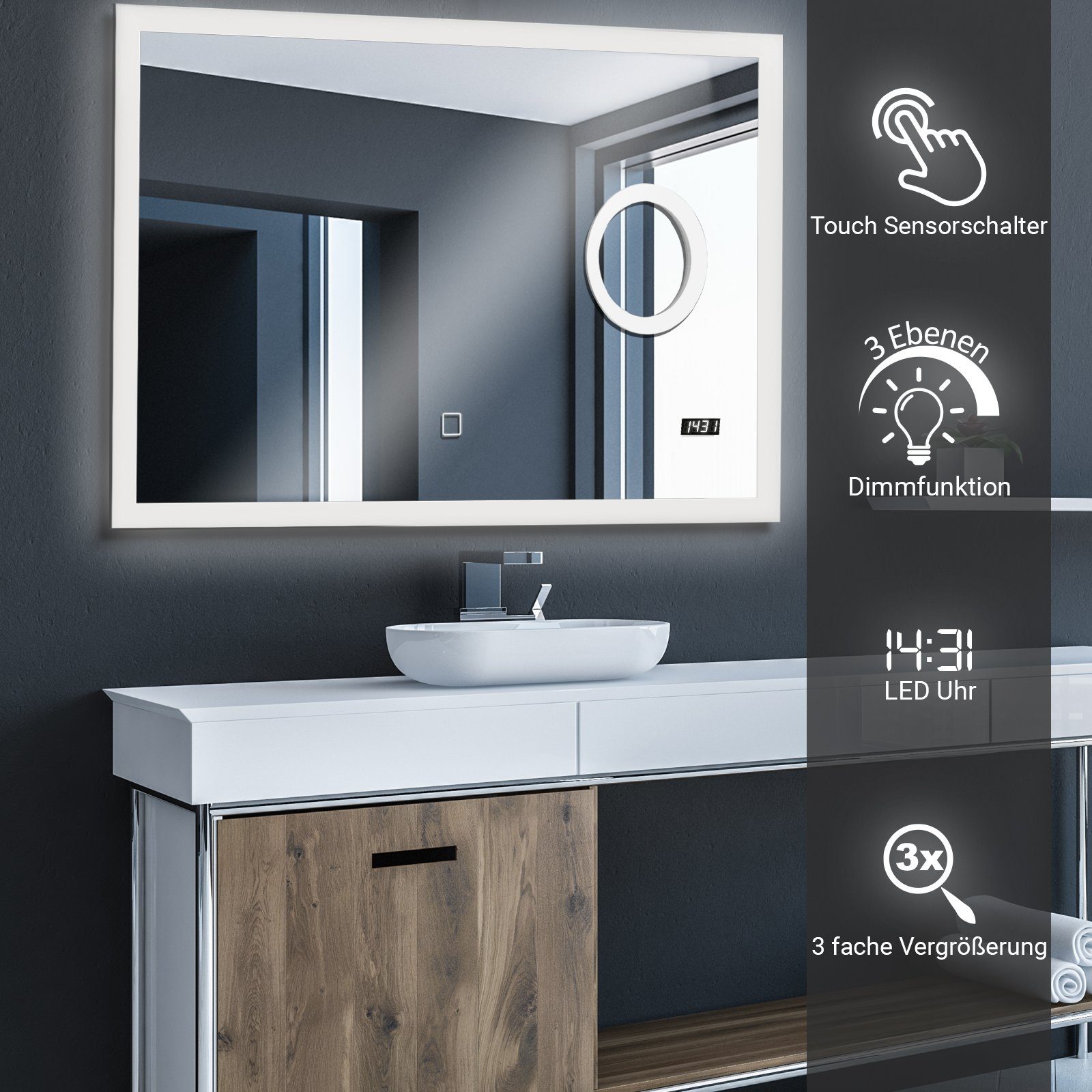 Aquamarin Badezimmerspiegelschrank Badspiegel LED Touchschalter, - Badezimmerspiegel & Kosmetikspiegel mit - Digitaluhr Uhr