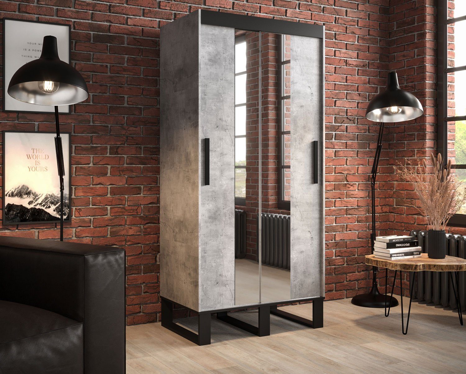 Feldmann-Wohnen Schiebetürenschrank Loft (Loft) Breite wählbar beton / schwarz mit Spiegel und Schubladen