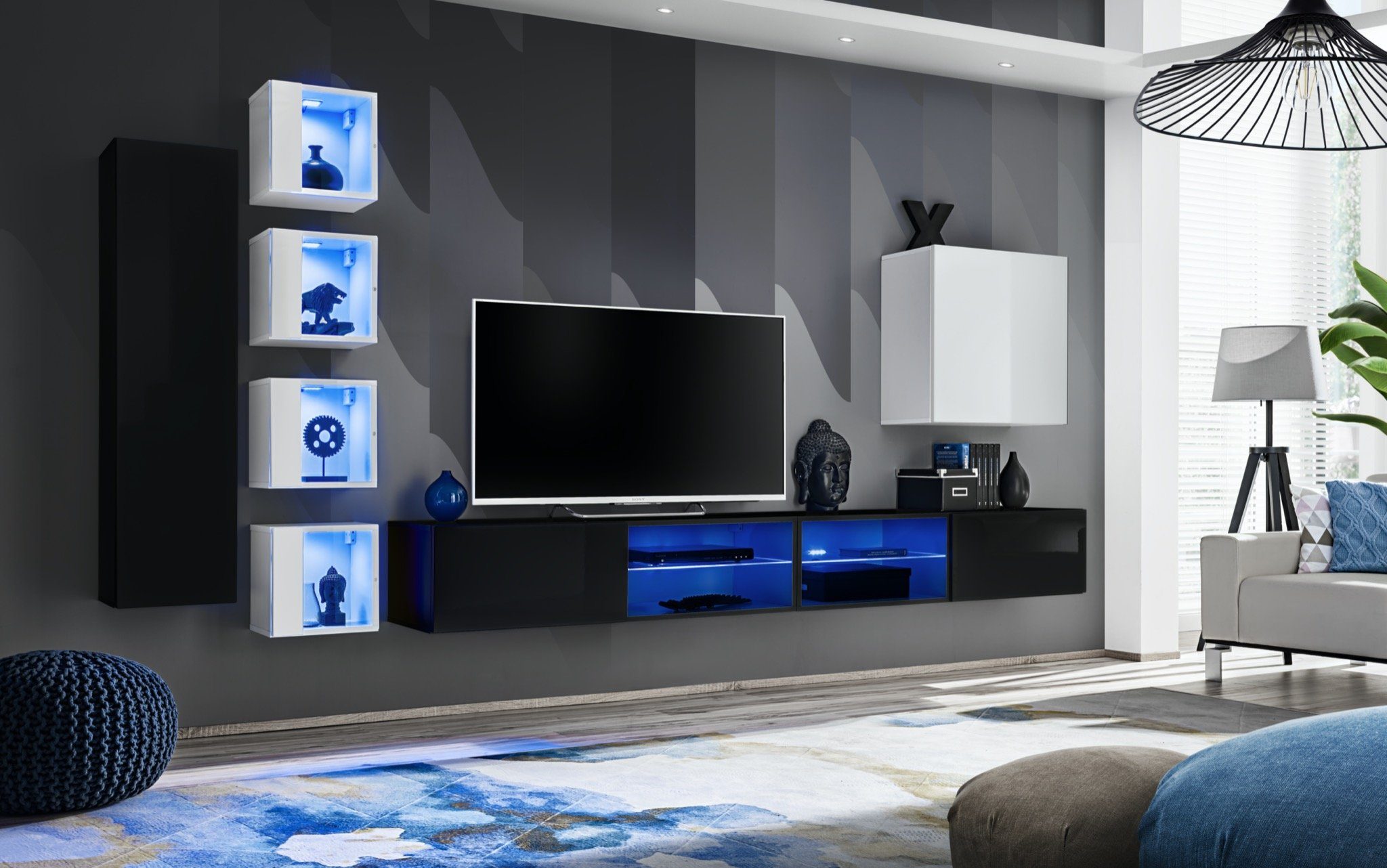 JVmoebel Wohnwand Komplett Wohnwand Wandschrank TV Ständer Modern Set 8tlg Neu, (8-St., 2x TV Ständer + 6x Wandschrank), LED beleuchtet