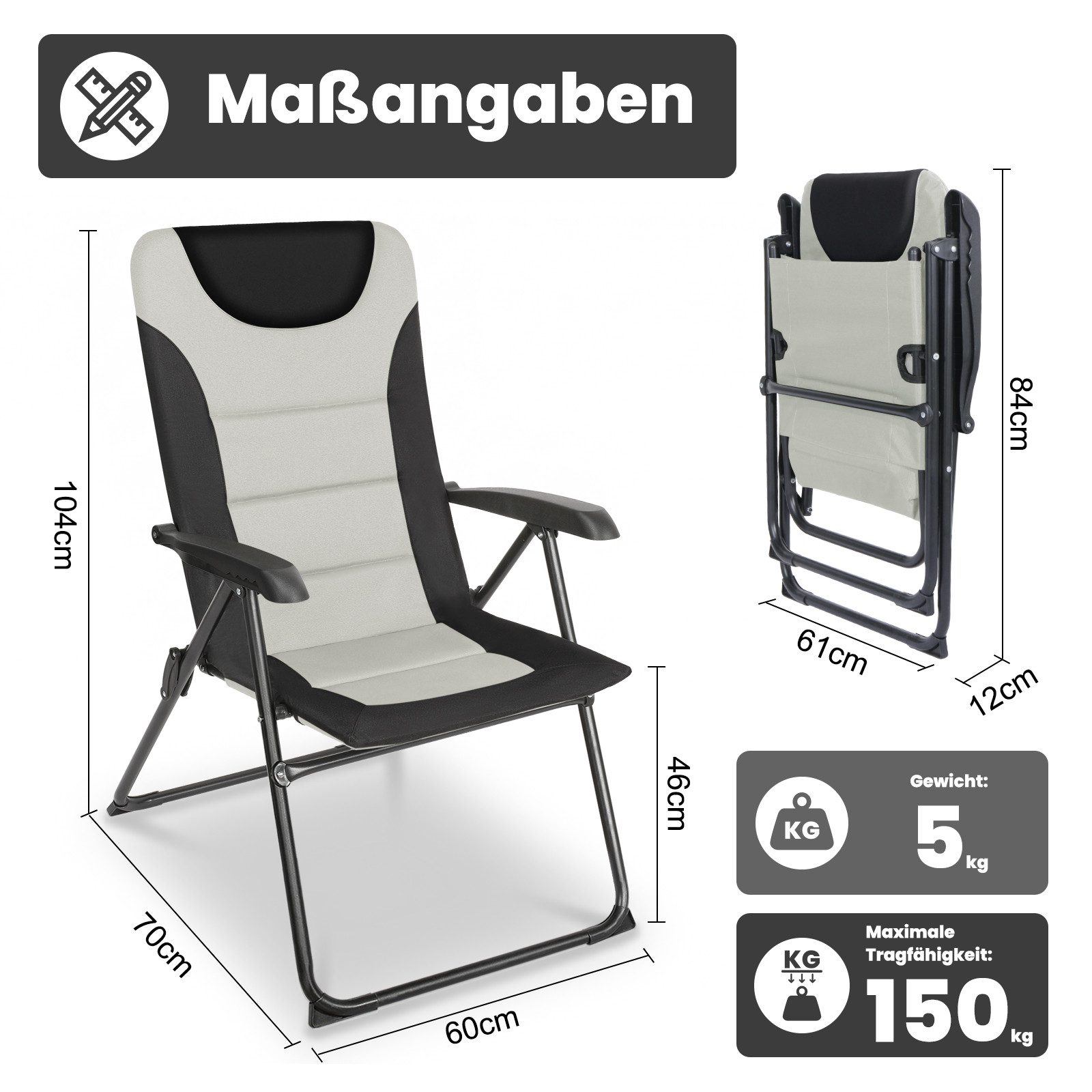 HOMECALL Campingstuhl Gartenstuhl Gepolsterter Klappstuhl für Wohnwagen Outdoors-150kg (1 St), Hochlehner Anglerstuhl mit 5-fach verstellbarer Rückenlehne