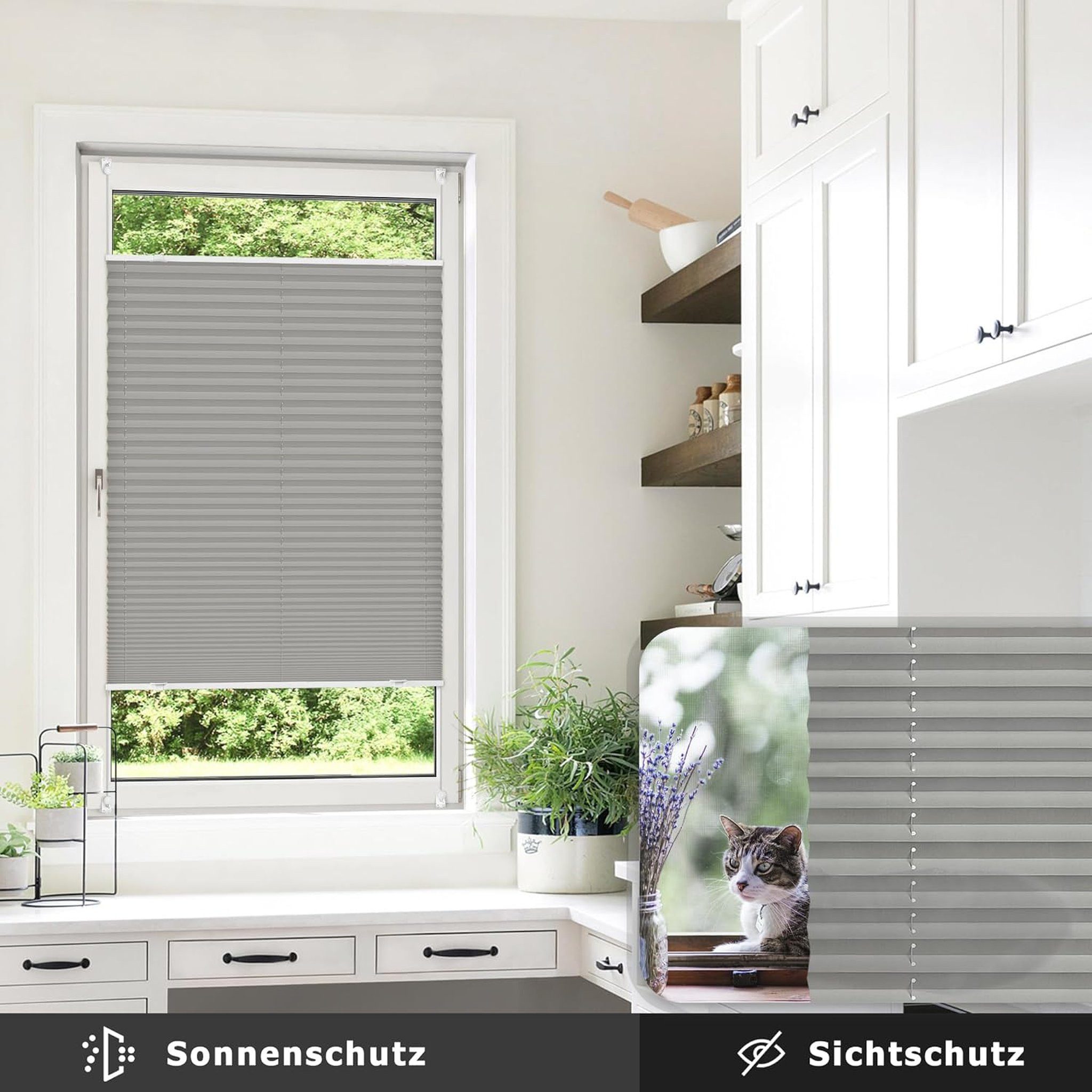Victoria M. Plissee Praktica Plissee, Polyester, 50 x 100 cm, grau, verdunkelnd, ohne Bohren, klemmen, Klemmfix, Klemmmontage ohne Bohren, seitliche Spannschnur