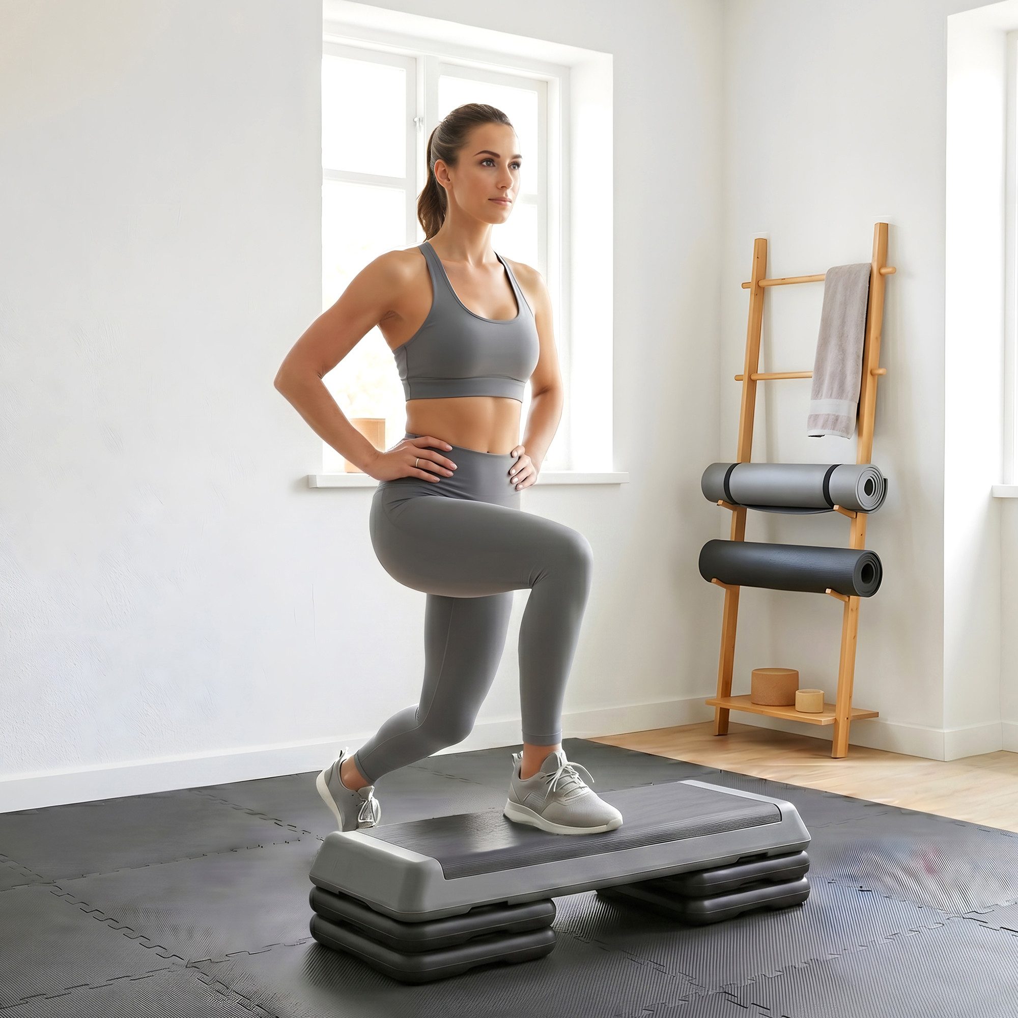 SPORTNOW Stepper Fitness Step Bench mit Anti-Rutsch-Matte Rutschfest (Aerobic-Stepper, 1-tlg., Steppbrett), für Zuhause, Fitnessstudio, Büro, Kunststoff, Grau