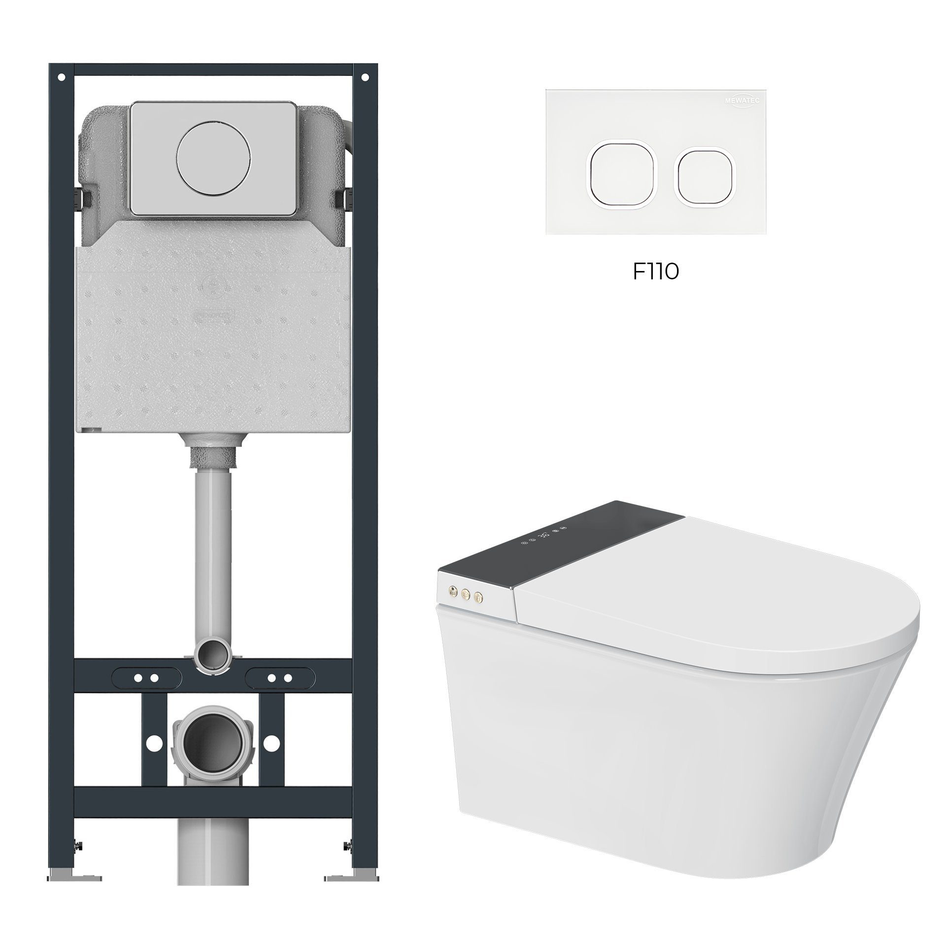 MEWATEC Dusch-WC Kombi-Set Florence Pro + Betätigungsplatte Glas - weiß, wandhängend, Abgang Wand, Komplett-Set, Ultimative Reinheit mit dem Dusch WC Set MEWATEC Florence Pro F2000!