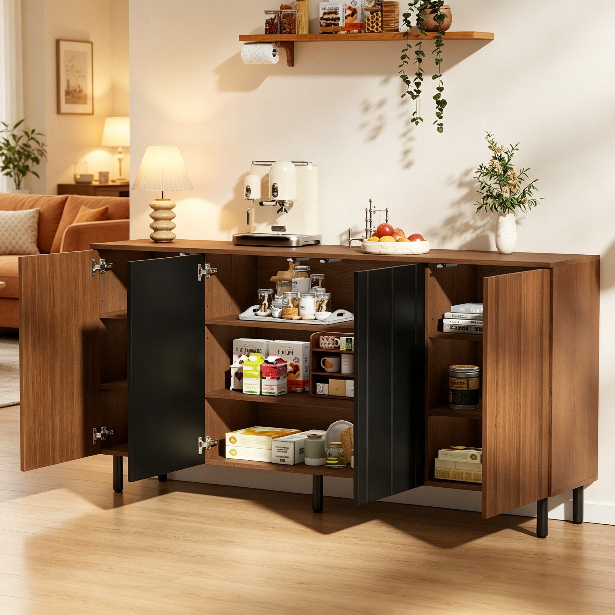 i@home Küchenbuffet Sideboard Retro-Stil (mit 4 Schranktüren, unterteilten Staufächern, 1-St., 160×35×80 cm) Anrichte Kommode für Esszimmer & Küche