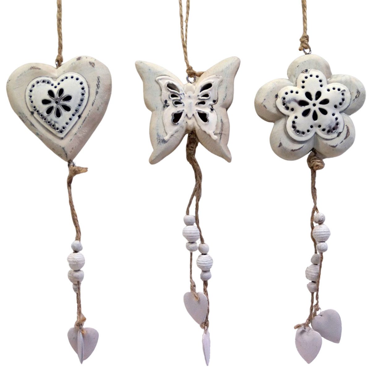 Denk Dekohänger Hänger Herz, Blume Schmetterling 3er Set ca. 30 cm - Dekoration (Set, 3 St., 3), Kunstvolle Metall-Holz-Hänger für innen und außen, leicht beweglich !.