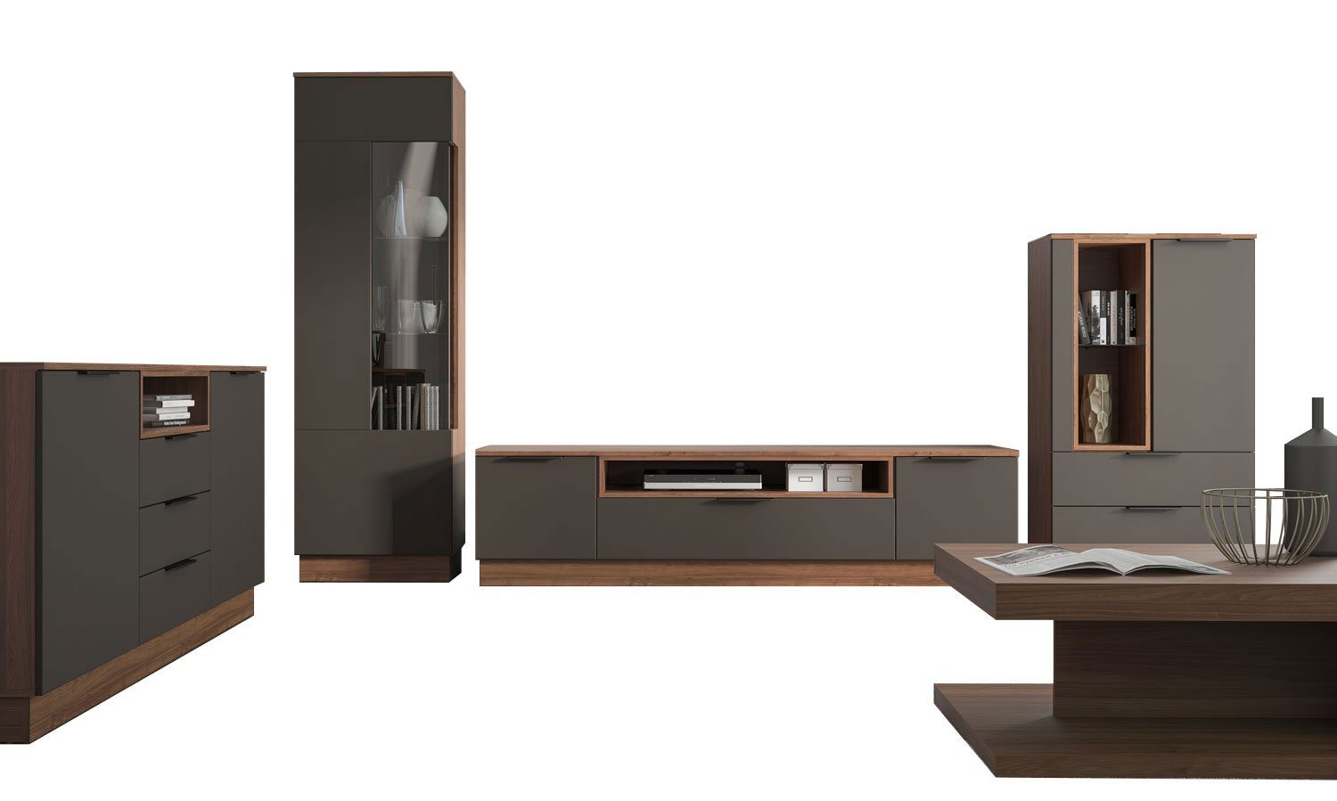Feldmann-Wohnen Sideboard Alicante (2 Türen, 3 Schubladen, 1 offenes Fach, 1 St., moderne Optik, holzfarbene Akzente, Griffstücke), 180x35x85cm walnussfarben / schwarzgrau