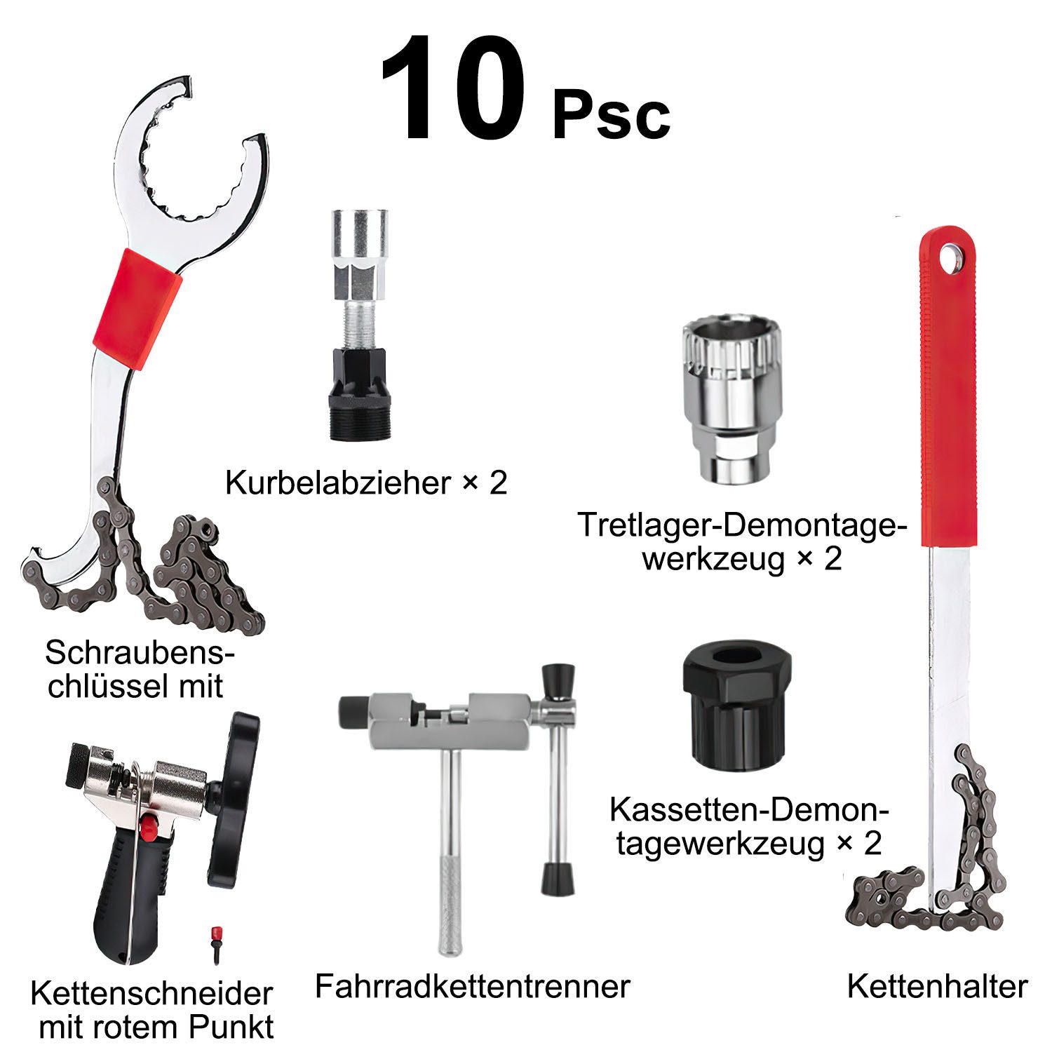 HEYHIPPO Bicycle Repair Kit, 10-Piece Bicycle Repair Tool Set, Chain Cutter Disassembly Tool, 10-Piece Chain Wrench, Chain Breaking Tool with Ergonomic Handle Design, Mountain Bike Tool Set, Chain Fixing, Bottom Bracket Gear Disassembly