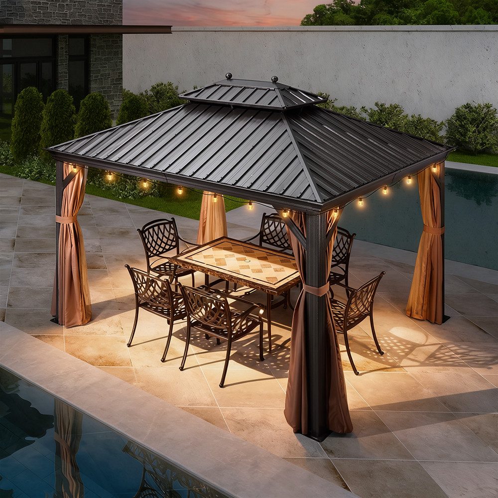 PURPLE LEAF Pavillon Hardtop Alu Gartenpavillon mit Seitenteilen und LED-Beleuchtung, (1 Pavillon + LED-Licht, Vorhängen und Moskitonetz), Wasserdicht, UV-beständig, Privatsphärenschutz